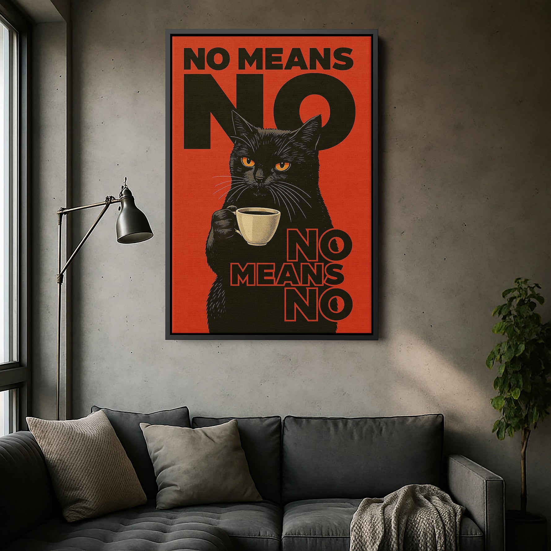 Siyah çerçeveli kanvas tablo versiyonunda koyu çerçeve, kırmızı tipografi ve kedi figürünü daha dramatik gösterir. Pop art ve modern grafik tasarım sevenler için salon, ofis ve genç odalarında çarpıcı bir odak noktası oluşturan premium FabricUp dekoratif tablo tasarımıdır.