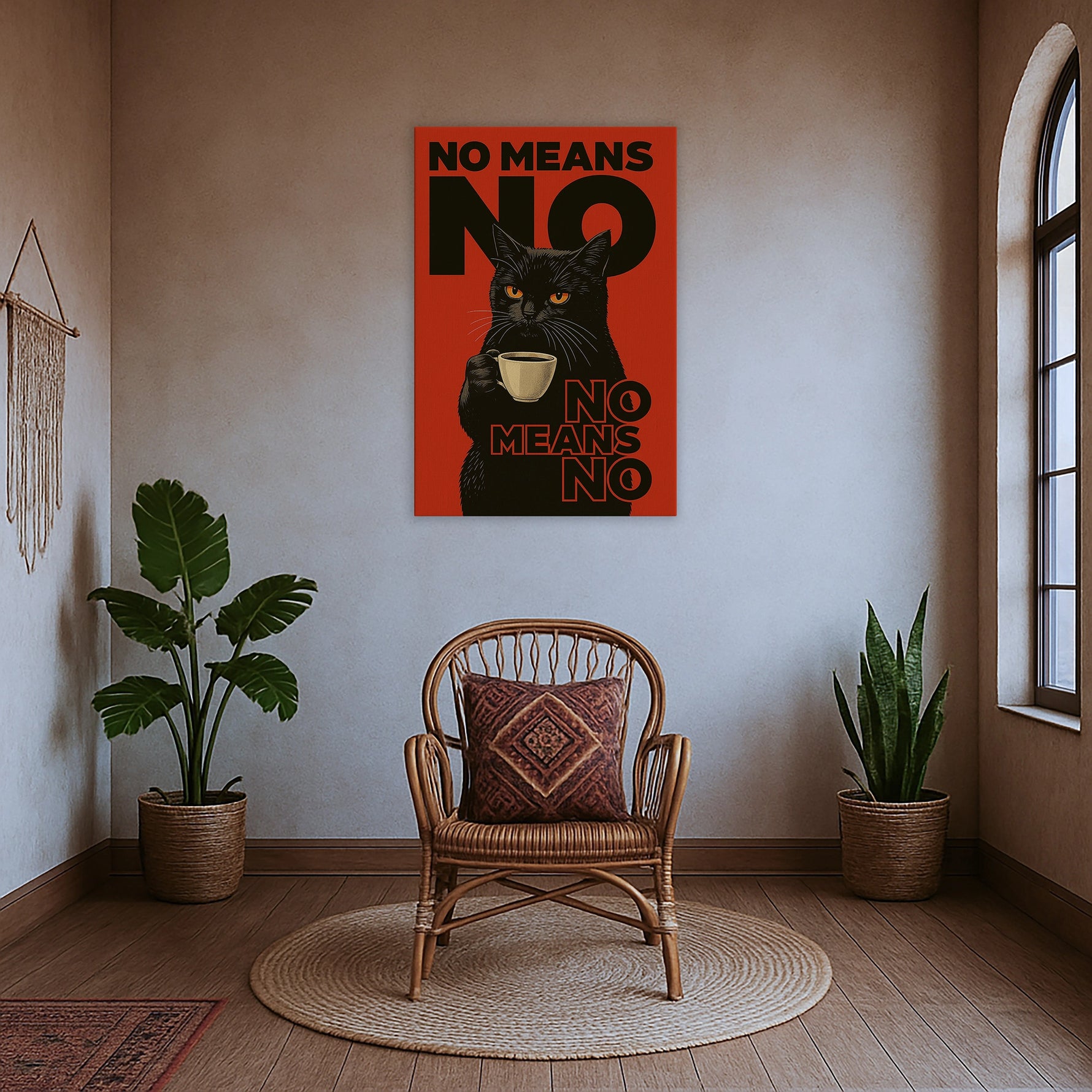 Çerçevesiz galeri tipi kanvas baskı olarak hazırlanan bu modern tipografi temalı tablo, siyah arka plan, kontrast kırmızı yazılar ve karakterli kedi illüstrasyonuyla urban ve alternatif bir stil sunar. Stüdyo, çalışma alanı ve hediye seçenekleri için özgün FabricUp koleksiyon parçasıdır.