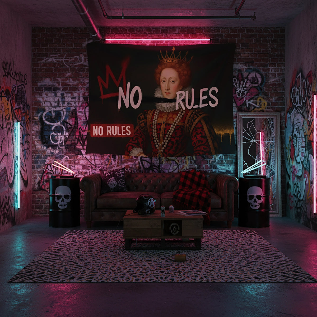 Klasik kraliçe portresini grafiti yazılar ve neon ışık efektleriyle buluşturan FabricUp duvar örtüsü, tarihi sanat ile modern street art tarzını bir araya getirir. Yüksek çözünürlüklü dijital baskısı sayesinde detaylar net, renkler güçlü ve dekoratif görünüm oldukça dikkat çekicidir.