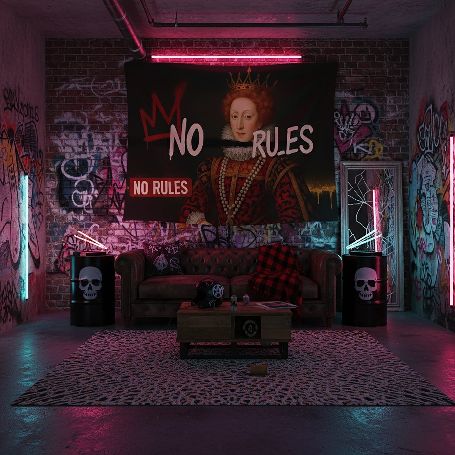 Klasik kraliçe portresini grafiti yazılar ve neon ışık efektleriyle buluşturan FabricUp duvar örtüsü, tarihi sanat ile modern street art tarzını bir araya getirir. Yüksek çözünürlüklü dijital baskısı sayesinde detaylar net, renkler güçlü ve dekoratif görünüm oldukça dikkat çekicidir.