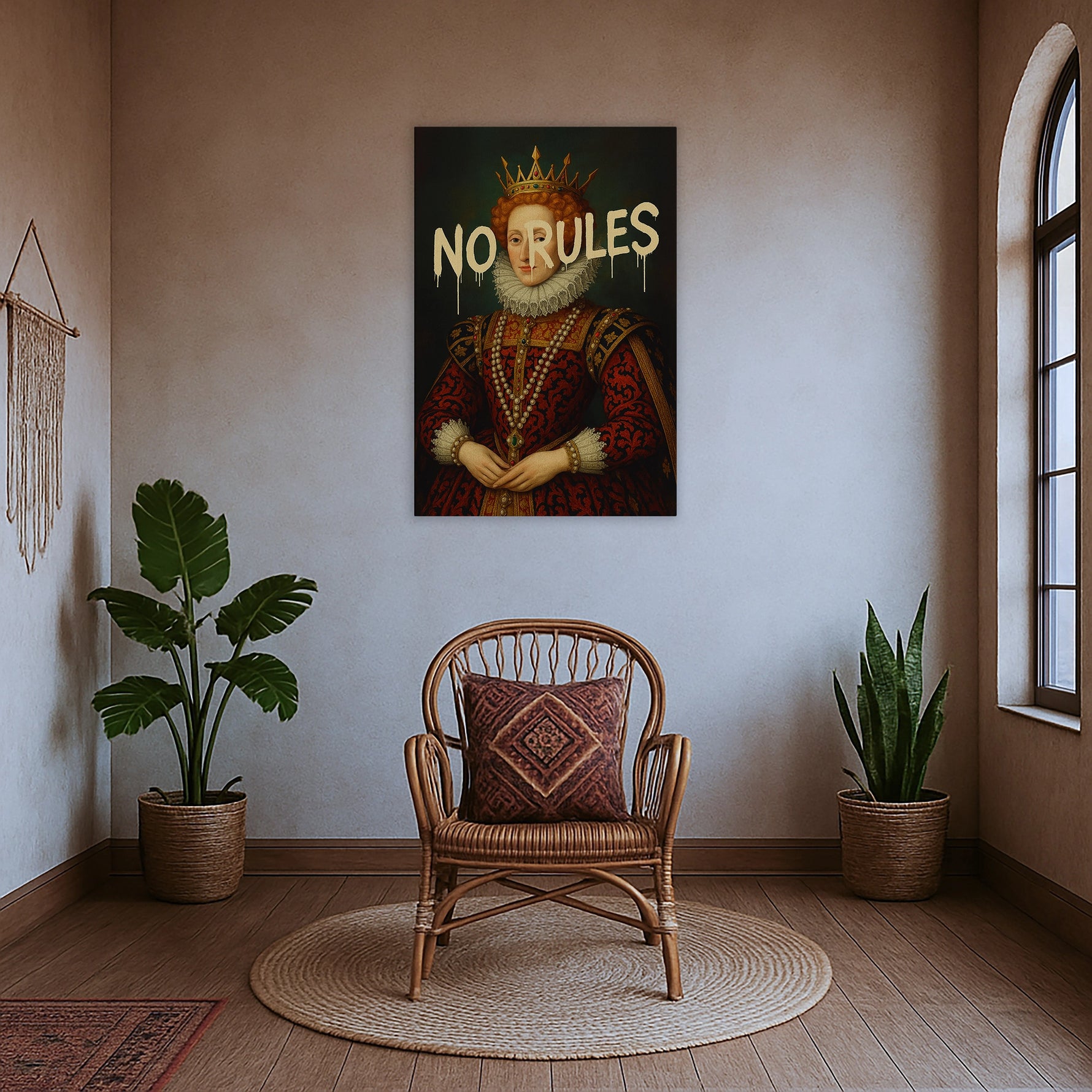 Çerçevesiz modern kanvas tablo, klasik sanat estetiği ve pop art dokunuşları birleştiren özgün figür tasarımıyla karakterli bir duvar dekoru modelidir. FabricUp dijital baskı ile üretilen yüksek çözünürlüklü yüzey, dayanıklı, net ve şık görünüm sunarak mekâna modern bir atmosfer katar.