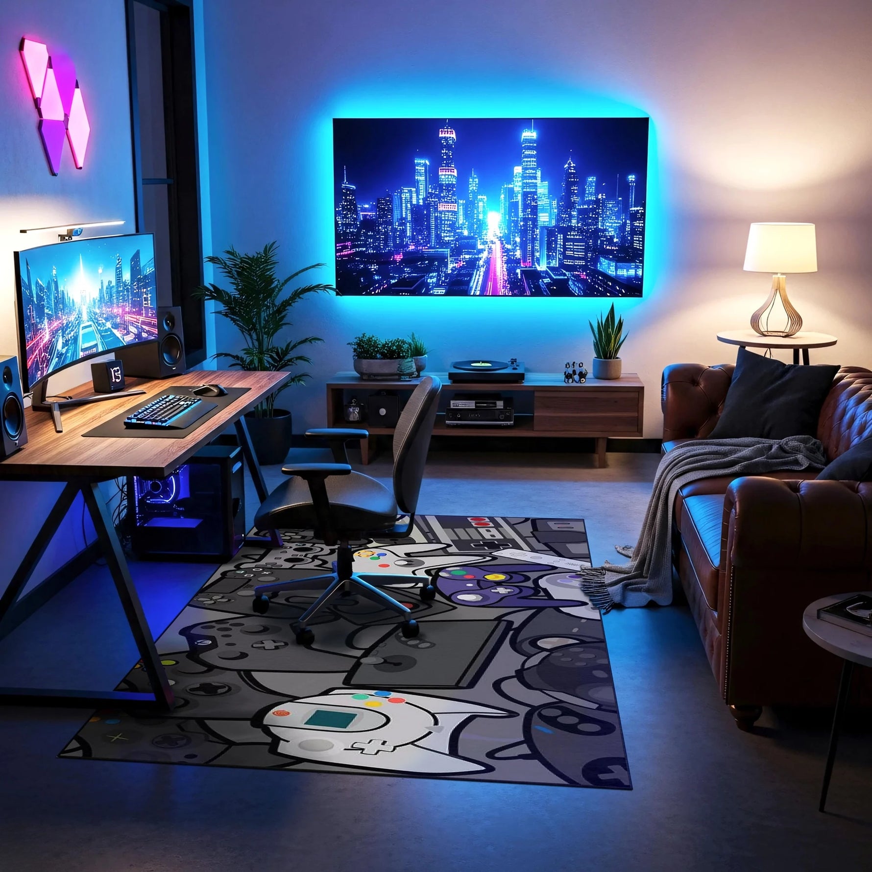 Siyah ve antrasit tonlu zemin üzerinde yer alan oyun kumandası, konsol ve joystick illüstrasyonlarıyla tasarlanan dijital baskı halı, modern pop art estetiğini yansıtan enerjik bir kompozisyon sunar. Yüksek çözünürlüklü üretim tekniği sayesinde kontur çizgileri net, renk geçişleri dengeli ve yüzey dokusu pürüzsüz görünür. Oyun odası, genç yaşam alanları ve hobi köşeleri için tasarlanan bu halı, FabricUp koleksiyonunun dinamik ve özgün parçalarındandır.
