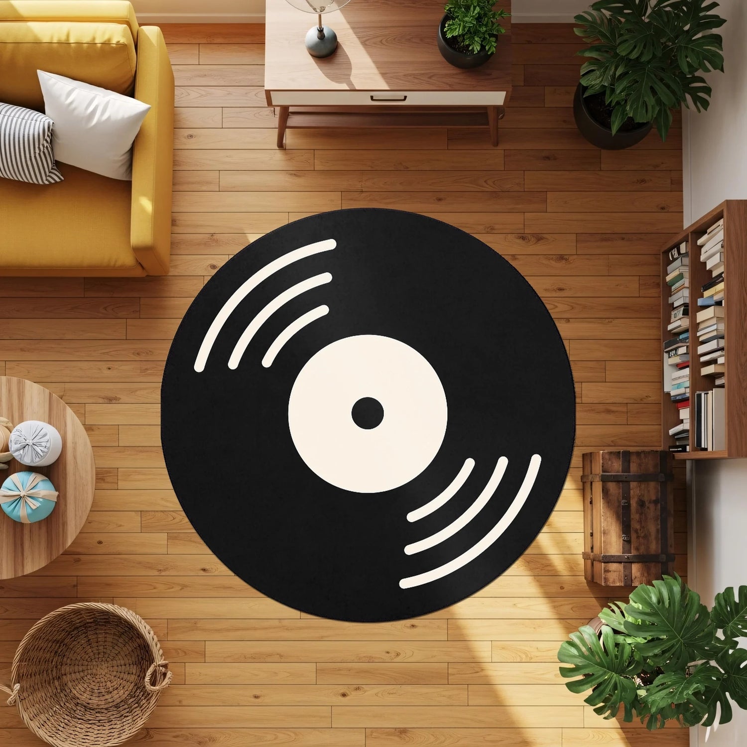 Plak ve ses dalgası temasından ilham alan siyah ve krem tonlu yuvarlak dijital baskı halı, simetrik kompozisyonu ve modern grafik diliyle dikkat çeker. Yüksek çözünürlüklü baskı tekniği sayesinde çizgiler ne
