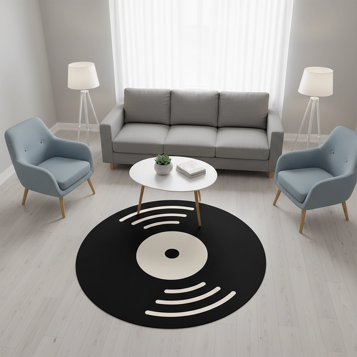 Siyah zemin üzerinde plak formunu andıran dairesel grafik desenlerle tasarlanmış modern dijital baskı halı, net çizgileri ve kontrastlı renk yapısıyla güçlü bir görsel etki sunar. Yüksek çözünürlüklü baskı kalitesi sayesinde yüzey detayları keskin, renk geçişleri dengeli ve dokusu pürüzsüz görünür. Salon, müzik odası, çalışma alanı ve genç odası gibi kullanım alanları için ideal olan bu özgün tasarım, minimal ve retro tarzı bir araya getirir. FabricUp üretimi bu halı, dekorasyonda odak