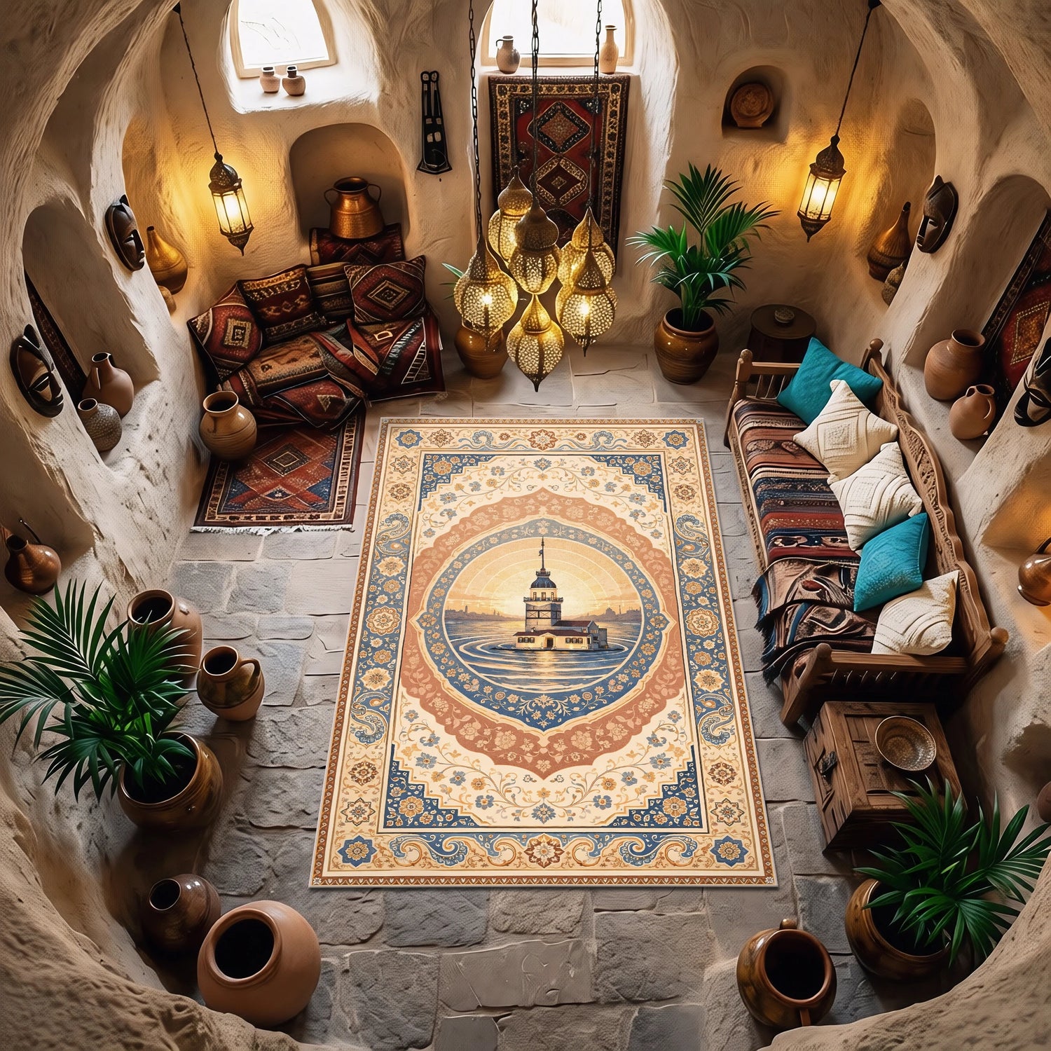 Kız Kulesi Vintage Desenli Dokuma Yüzey Halı