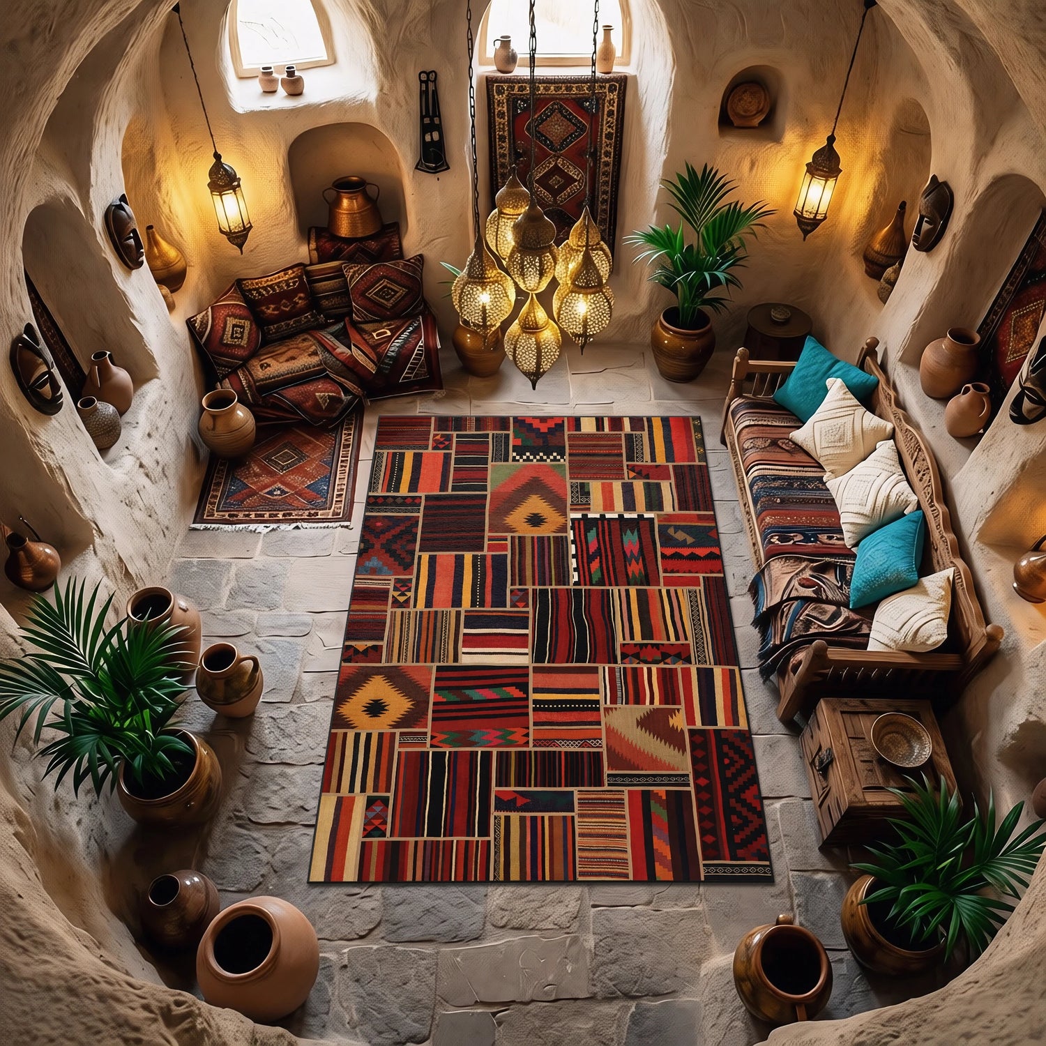 Etnik Patchwork Desenli Renkli Modern Kilim Tarzı Halı