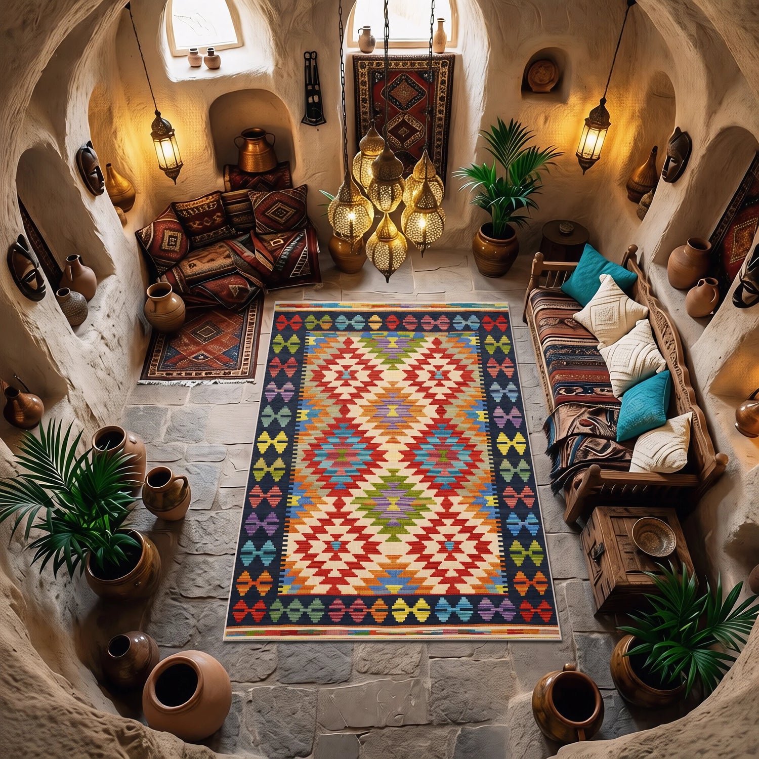 Renkli Etnik Kilim Desenli Dokuma Yüzey Modern Halı