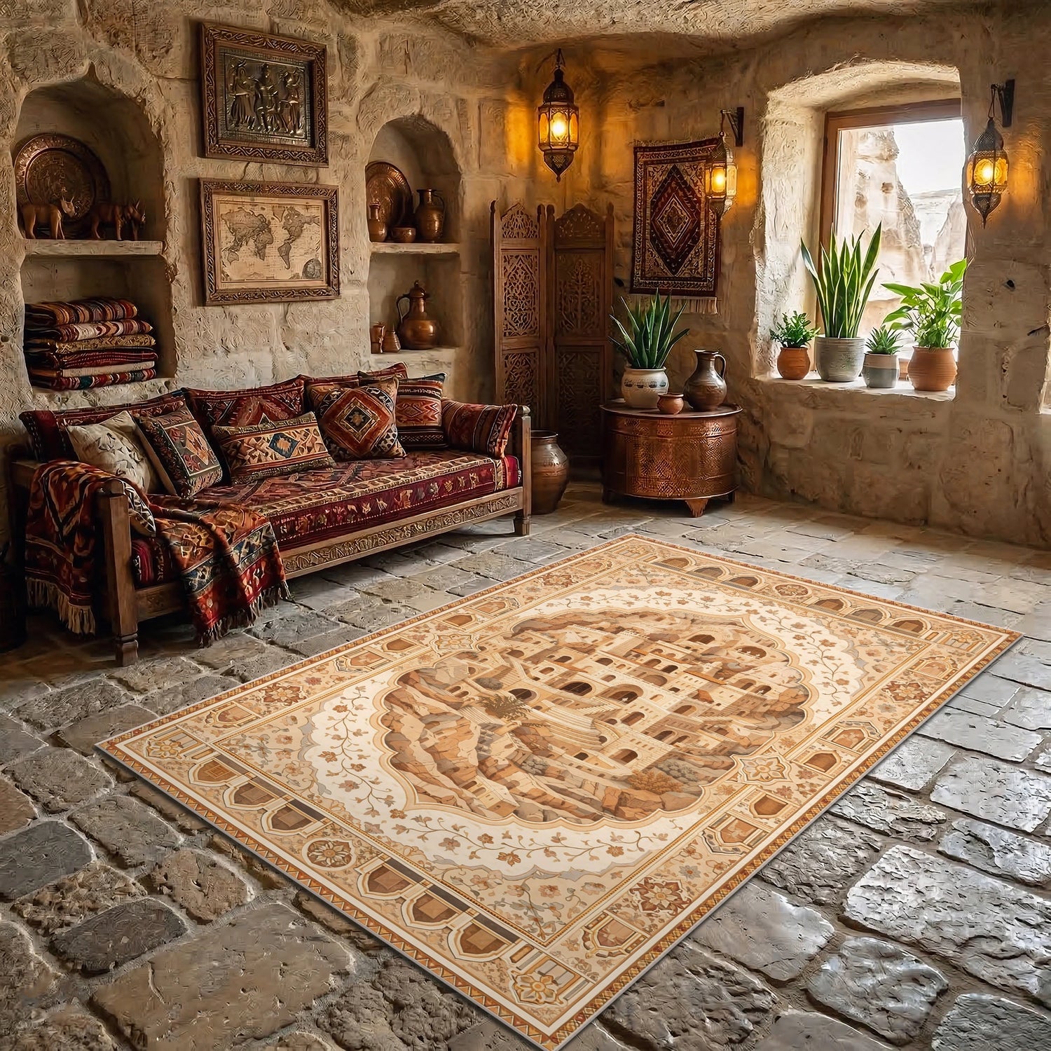 Kapadokya Taş Ev Desenli Dokuma Yüzey Halı