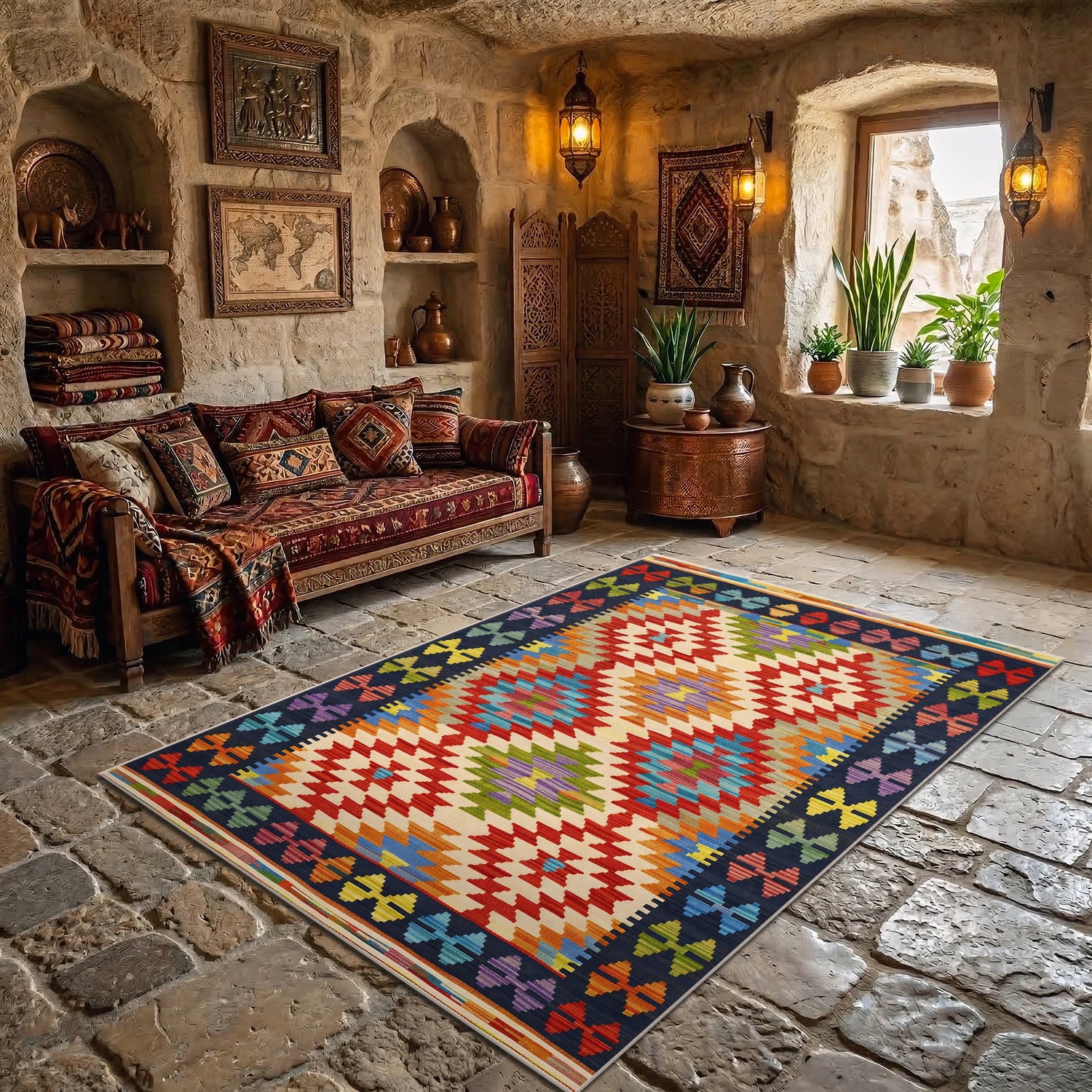 Renkli Etnik Kilim Desenli Dokuma Yüzey Modern Halı