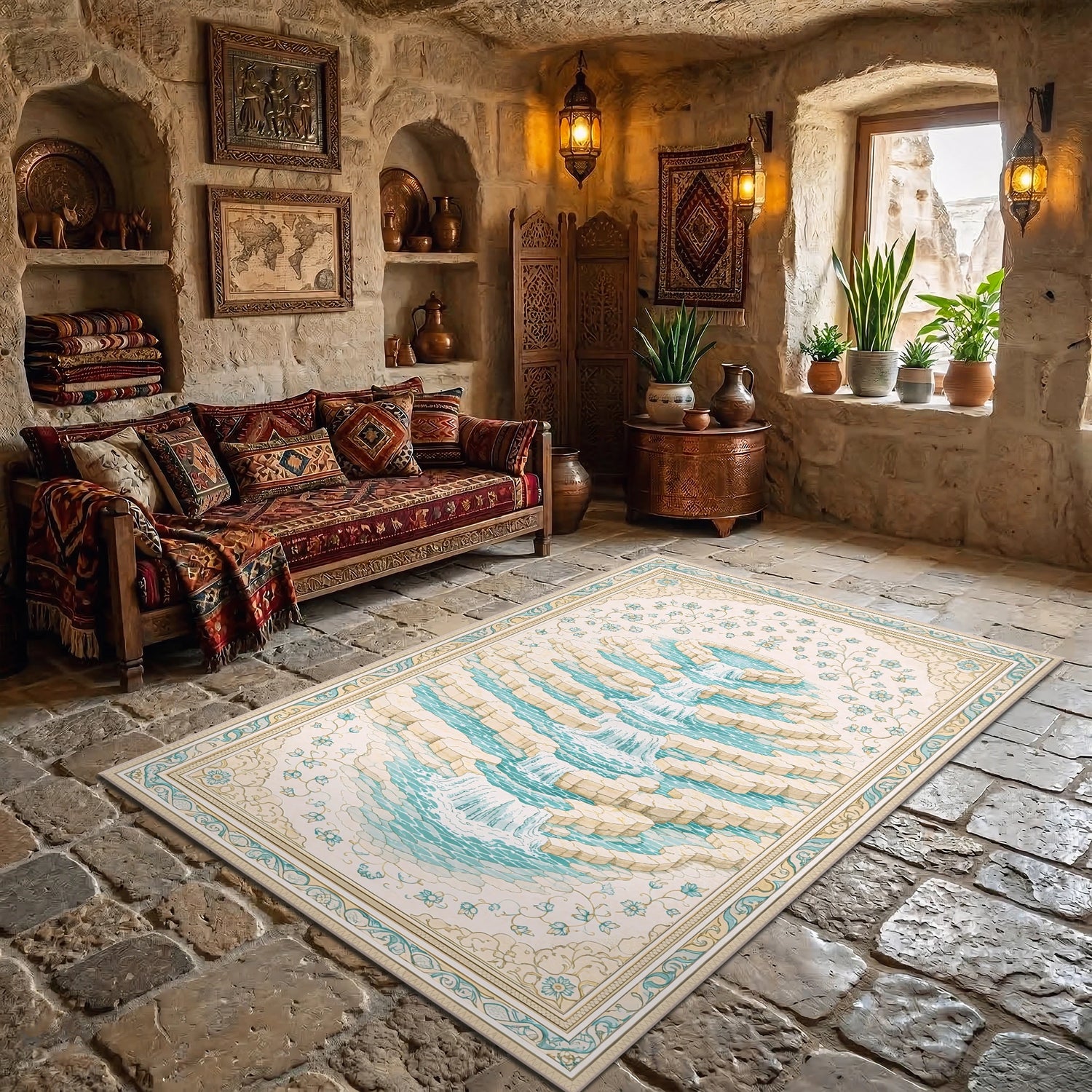 Pamukkale Travertenleri Şelale Desenli Dokuma Yüzey Halı