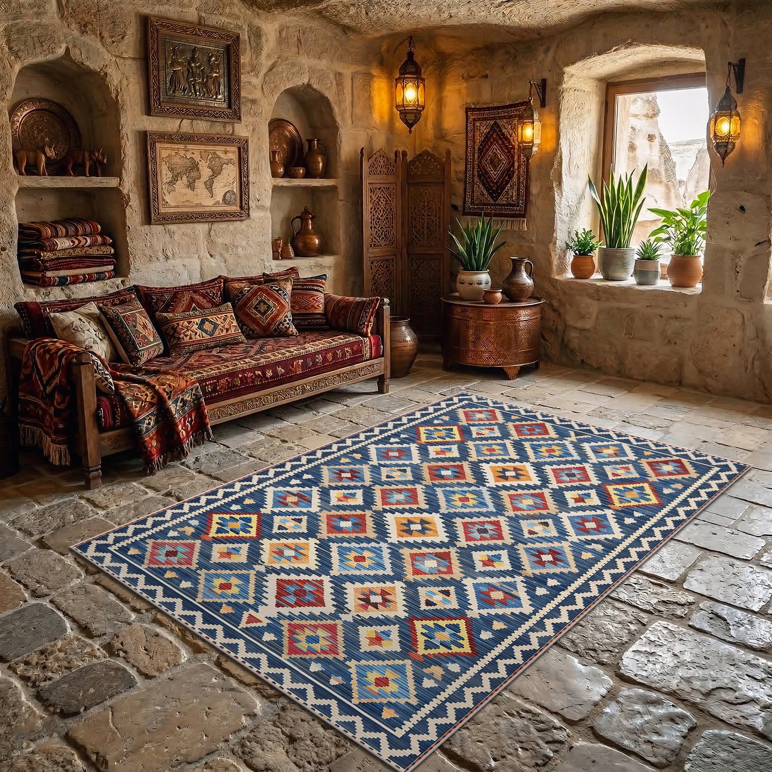 Etnik Geometrik Desenli Anadolu Kilim Tarzı Modern Halı