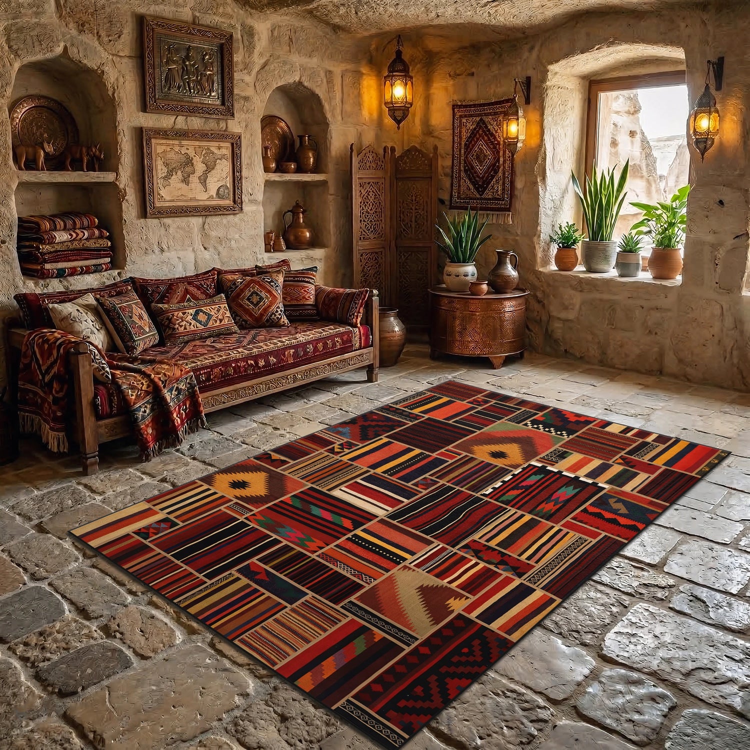 Etnik Patchwork Desenli Renkli Modern Kilim Tarzı Halı