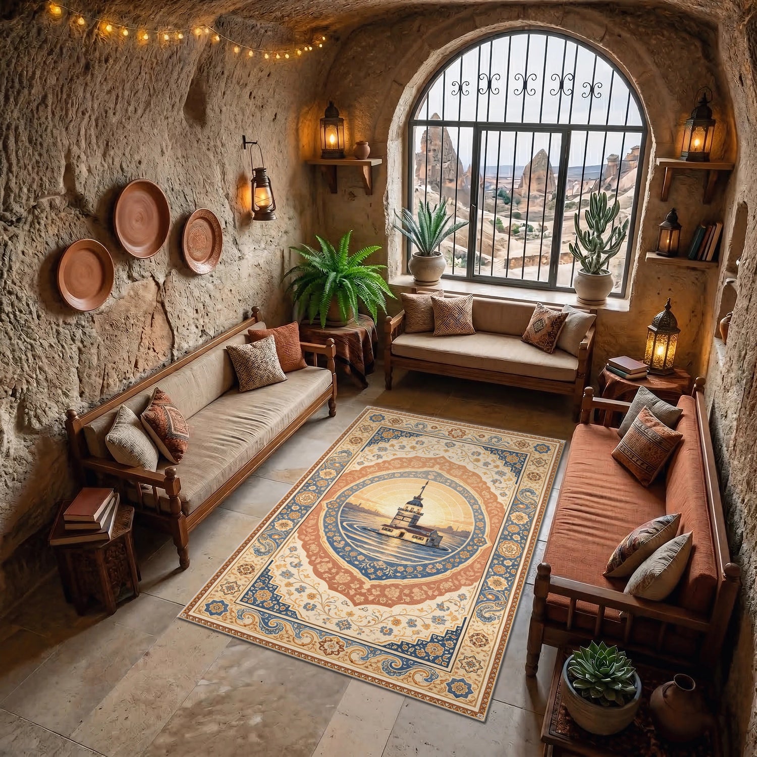 Kız Kulesi Vintage Desenli Dokuma Yüzey Halı