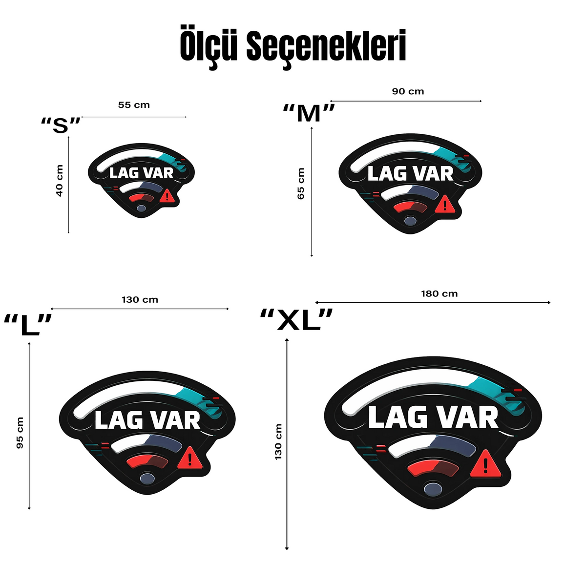 Bağlantı hızı temalı, siyah renkli özel kesim gamer halısı. Üzerinde Türkçe "LAG VAR" metni, Wi-Fi sembolü ve yükleme seviyesi grafiği bulunan, oyun severlerin odası için tasarlanmış, yüksek kaliteli baskıya sahip modern ve mizahi dekoratif aksesuar.