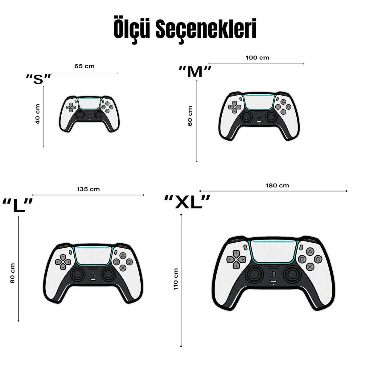 Modern teknoloji temalı dekoratif halı tasarımı, oyun kumandası formunda geniş ve simetrik bir grafik kompozisyon içerir. Beyaz ve siyah renk bloklarıyla oluşturulan gövde üzerinde analog çubuklar, yön tuşları ve geometrik kontrol sembolleri bulunur. Minimal ve futuristik illüstrasyon stilinde hazırlanmış sanatsal halı tasarımıdır.