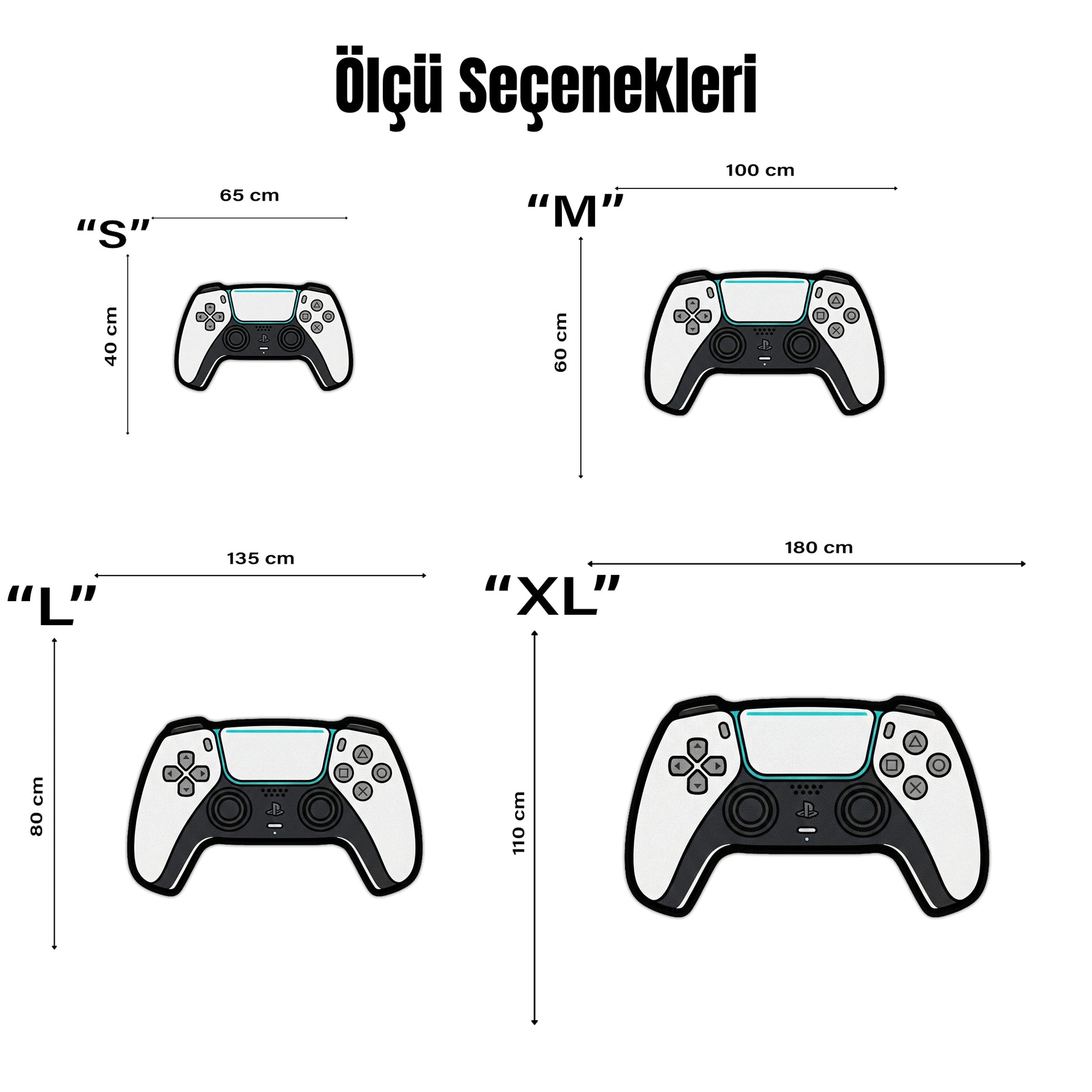 Modern teknoloji temalı dekoratif halı tasarımı, oyun kumandası formunda geniş ve simetrik bir grafik kompozisyon içerir. Beyaz ve siyah renk bloklarıyla oluşturulan gövde üzerinde analog çubuklar, yön tuşları ve geometrik kontrol sembolleri bulunur. Minimal ve futuristik illüstrasyon stilinde hazırlanmış sanatsal halı tasarımıdır.