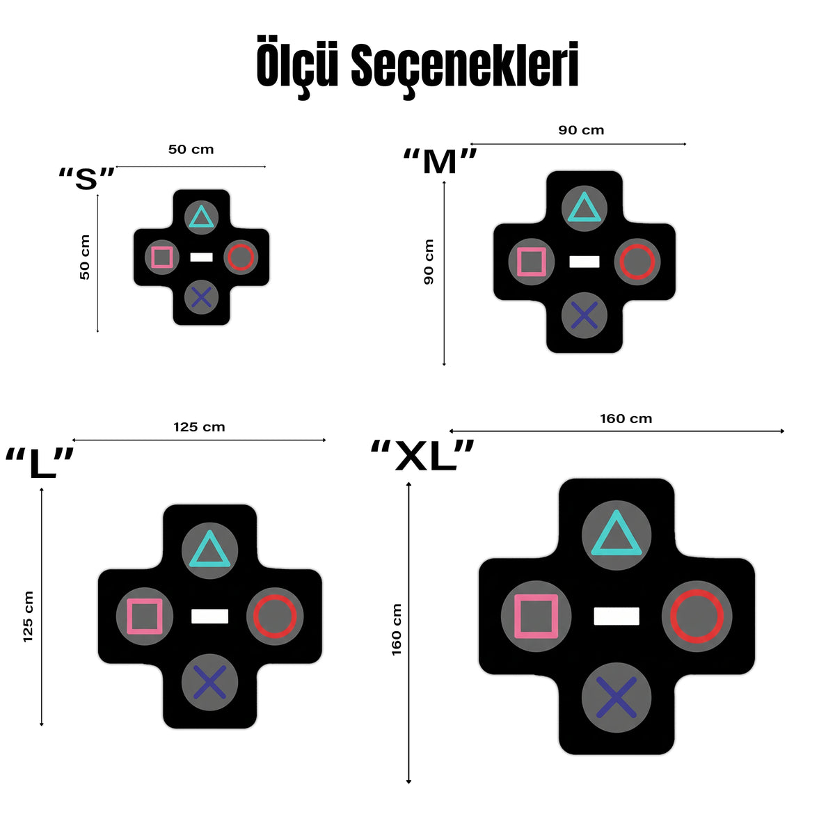 Geometrik ve modern grafik stilinde tasarlanmış dekoratif halı, artı formunda geniş bir kompozisyon içerir. Siyah zemin üzerinde dört dairesel alan bulunur ve her bölümde farklı renklerde oyun sembolleri yer alır. Turkuaz üçgen, kırmızı daire, pembe kare ve mavi çarpı figürleri minimal ve illüstratif grafik tasarım oluşturur.