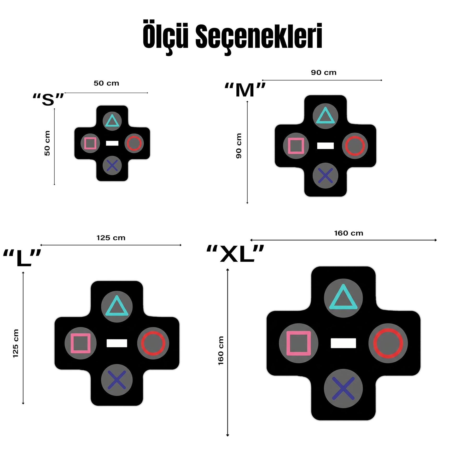 Geometrik ve modern grafik stilinde tasarlanmış dekoratif halı, artı formunda geniş bir kompozisyon içerir. Siyah zemin üzerinde dört dairesel alan bulunur ve her bölümde farklı renklerde oyun sembolleri yer alır. Turkuaz üçgen, kırmızı daire, pembe kare ve mavi çarpı figürleri minimal ve illüstratif grafik tasarım oluşturur.