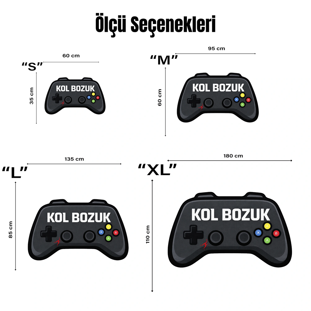 Gamepad şeklinde özel kesim, siyah ve gri tonlarda oyuncu halısı. Üzerinde büyük beyaz harflerle "KOL BOZUK" yazısı ve renkli buton figürleri bulunan, oyun odası konseptine uygun, kaymaz tabanlı ve dijital baskılı tematik halı.