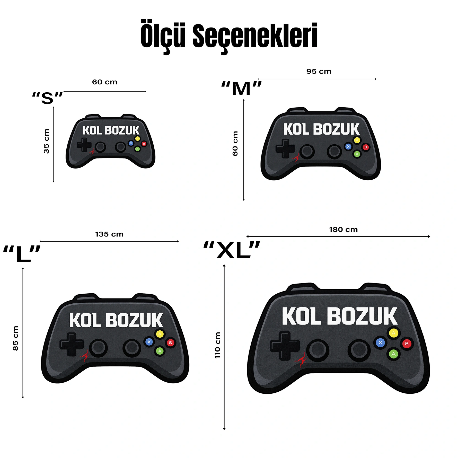 Gamepad şeklinde özel kesim, siyah ve gri tonlarda oyuncu halısı. Üzerinde büyük beyaz harflerle "KOL BOZUK" yazısı ve renkli buton figürleri bulunan, oyun odası konseptine uygun, kaymaz tabanlı ve dijital baskılı tematik halı.