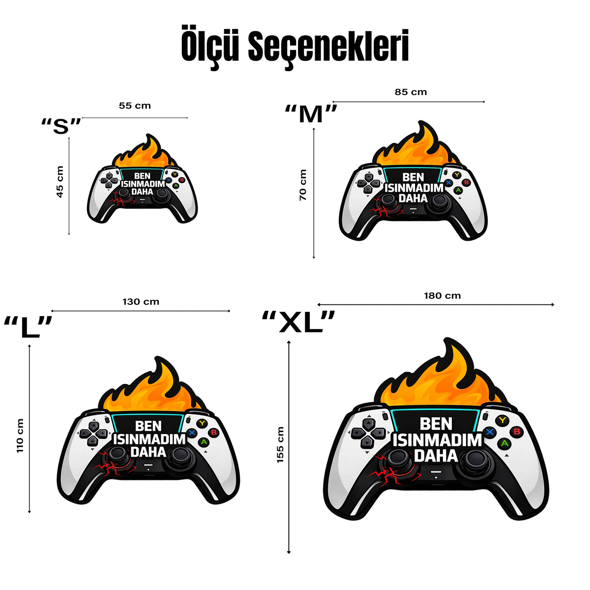 Gamepad figürlü tematik genç odası halısı. Alev görselleriyle süslenmiş konsol grafiğinin üzerinde beyaz harflerle Ben Isınmadım Daha yazısı bulunur. Siyah-beyaz renk düzeni ve konsol detaylarıyla oyun odası dekorasyonu için ideal.