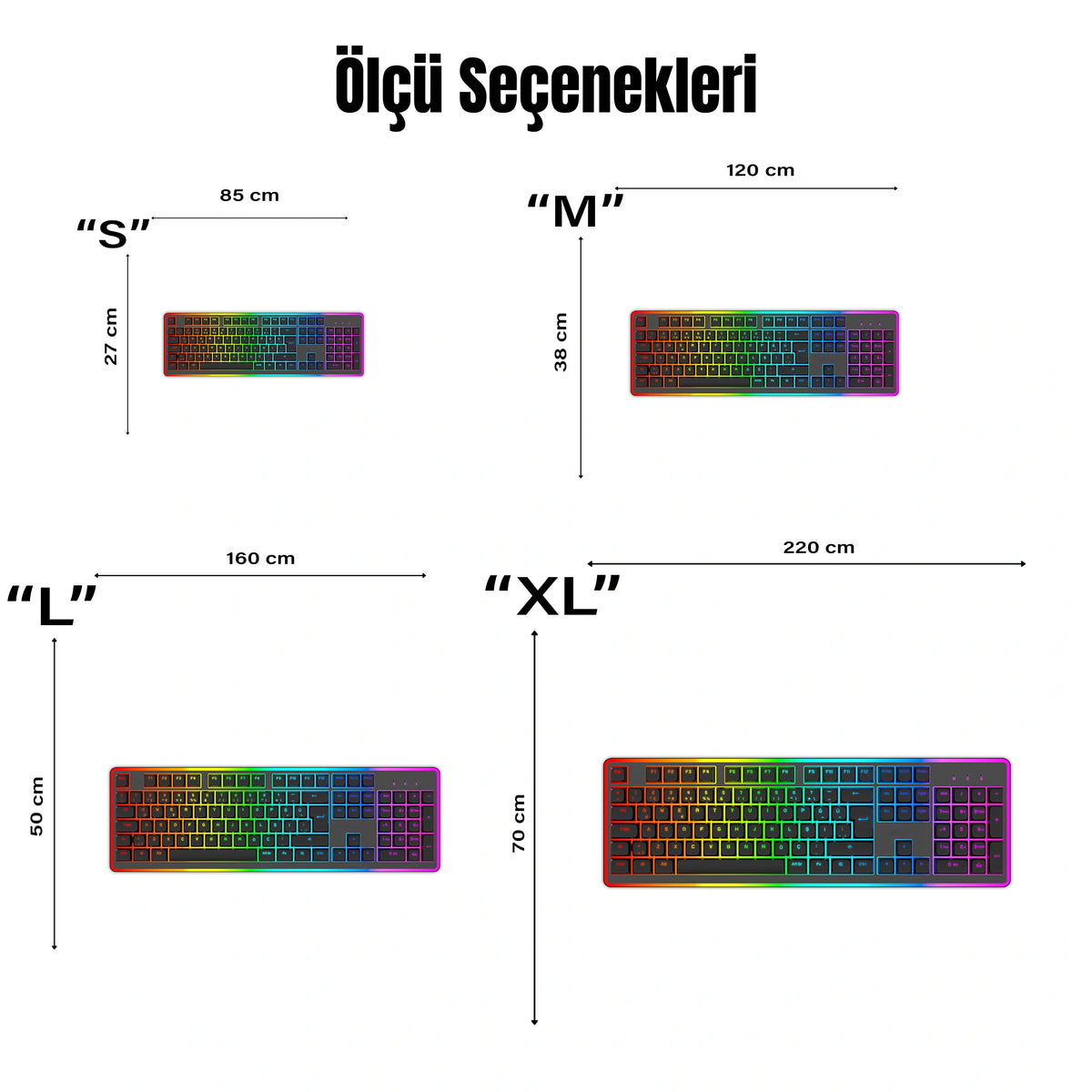 Teknoloji temalı modern dekoratif halı tasarımı, uzun yatay klavye formu ile oluşturulmuş grafik kompozisyona sahiptir. Siyah zemin üzerinde düzenli tuş dizilimi bulunur ve her tuş RGB neon renk spektrumu ile vurgulanır. Kırmızıdan mora uzanan canlı geçişler futuristik ve minimal grafik estetiği oluşturur.