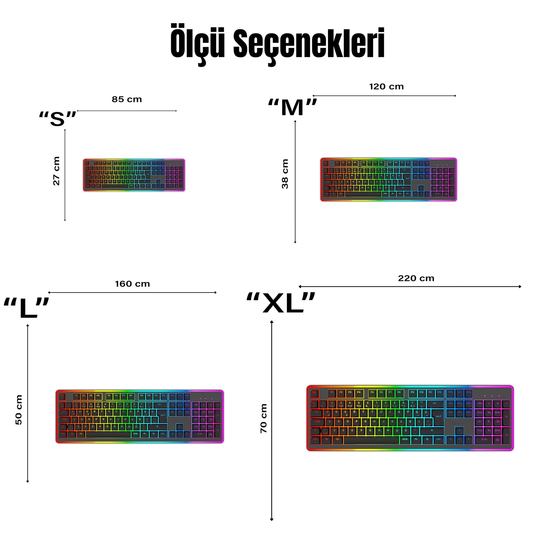 Teknoloji temalı modern dekoratif halı tasarımı, uzun yatay klavye formu ile oluşturulmuş grafik kompozisyona sahiptir. Siyah zemin üzerinde düzenli tuş dizilimi bulunur ve her tuş RGB neon renk spektrumu ile vurgulanır. Kırmızıdan mora uzanan canlı geçişler futuristik ve minimal grafik estetiği oluşturur.