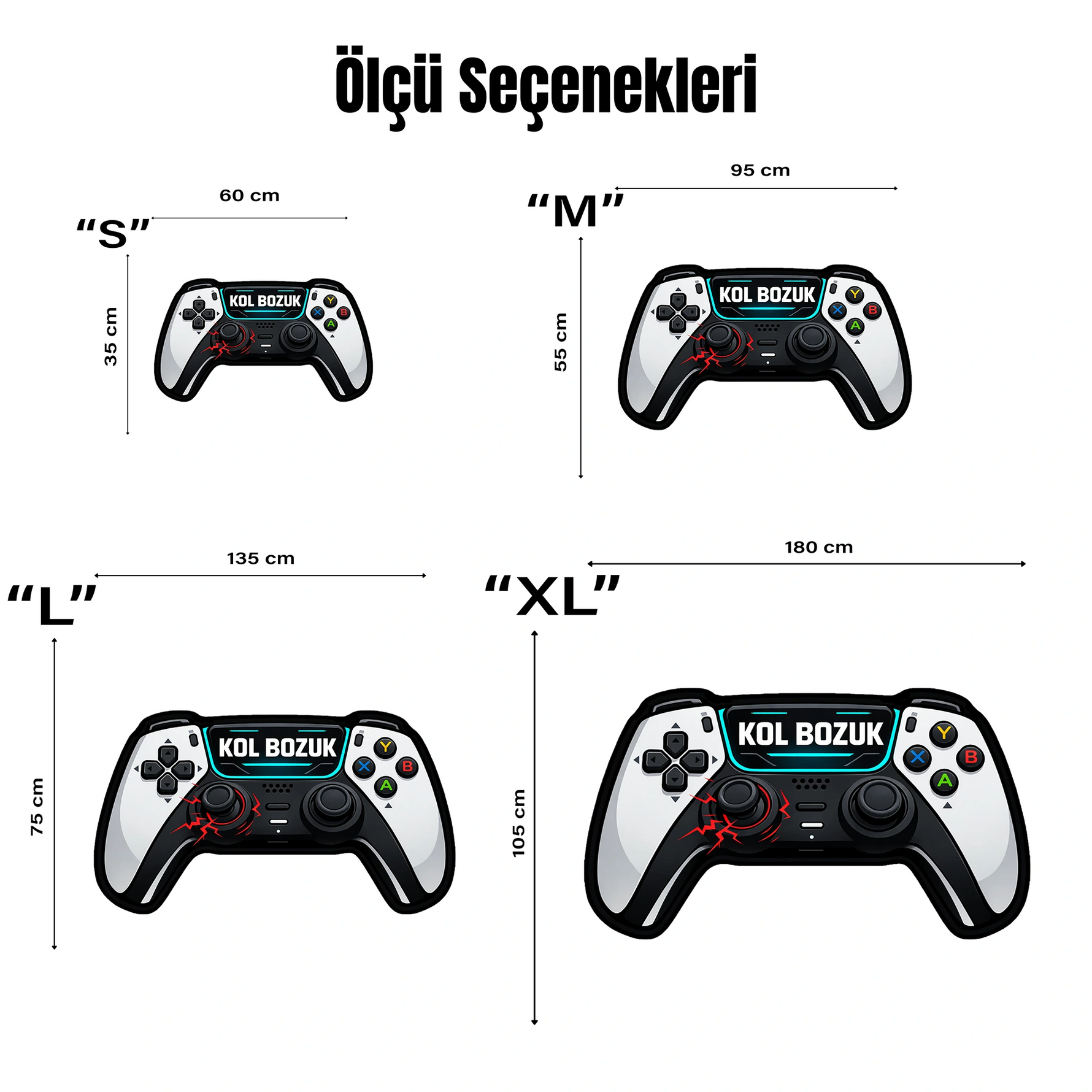 Gamepad figürlü tematik genç odası halısı. Konsol grafiğinin üzerinde beyaz harflerle "KOL BOZUK" yazısı, renkli ABXY tuşları ve kırmızı kıvılcım görselleri mevcuttur. Siyah-beyaz kontrastı ile oyun odası konseptine uygun, özel kesim dekoratif halı.