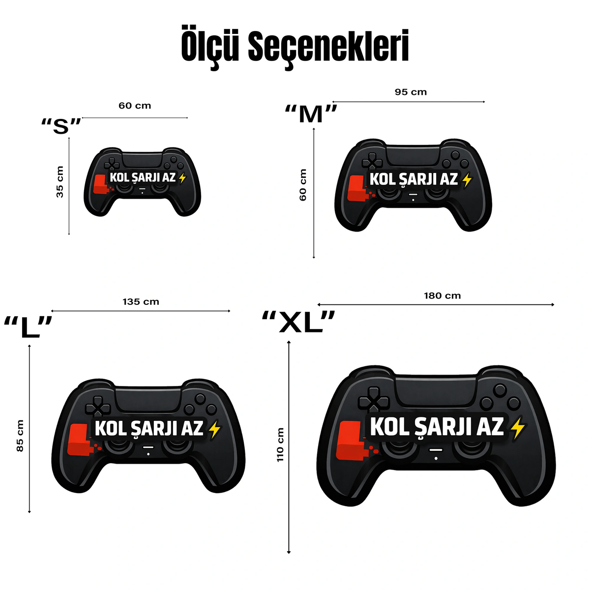 Gamepad figürlü, siyah renkli, özel kesim oyun odası halısı. Ürünün merkezinde dikkat çekici Kol Şarji Az yazısı, sol tarafında kırmızı biten pil görseli ve sağında sarı enerji ikonu bulunur. Oyun temalı ev dekorasyonu için ideal, şık ve tematik halı.
