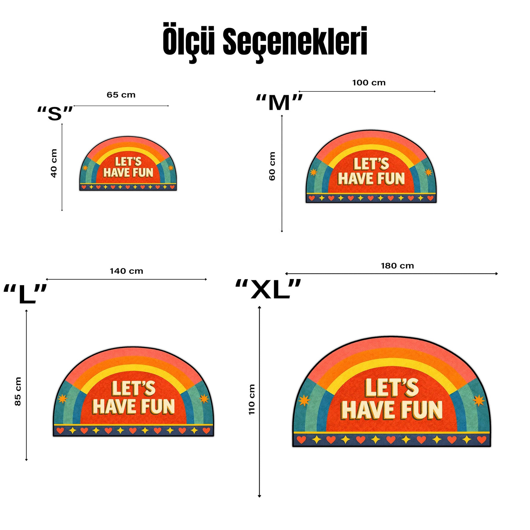 Renkli ve modern estetikte tasarlanmış halı, ortada LET’S HAVE FUN yazısı içerir. Yarım daire form ve kontrast tonlar ile eğlenceli ve dinamik bir kompozisyon sunar.