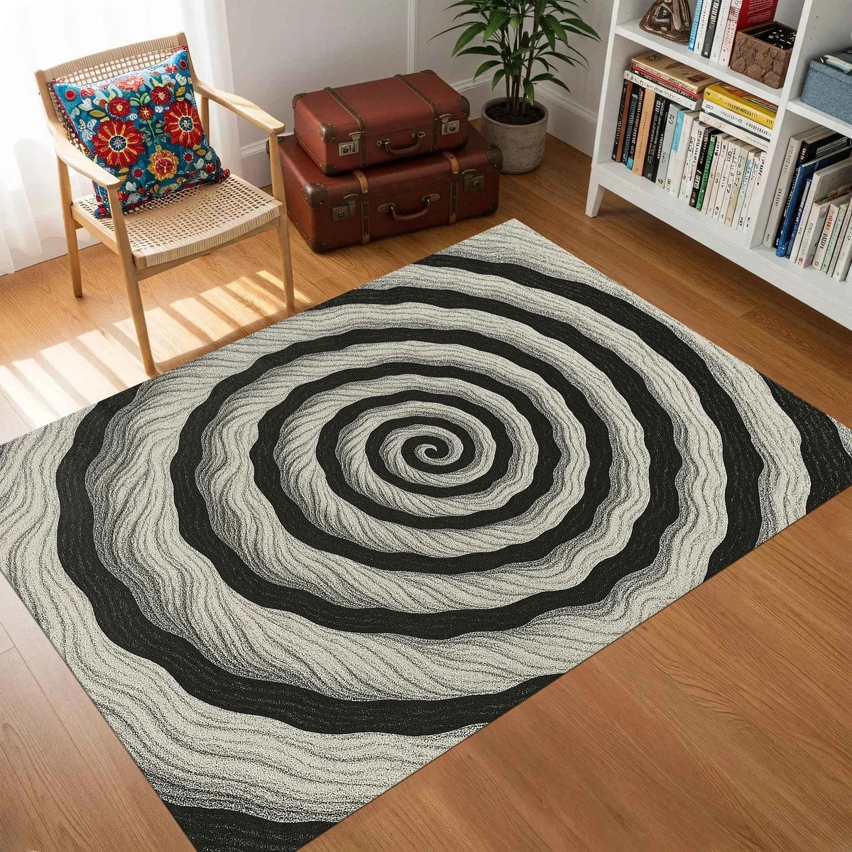 Siyah Beyaz Hipnotik Spiral Desenli Modern Salon Halısı