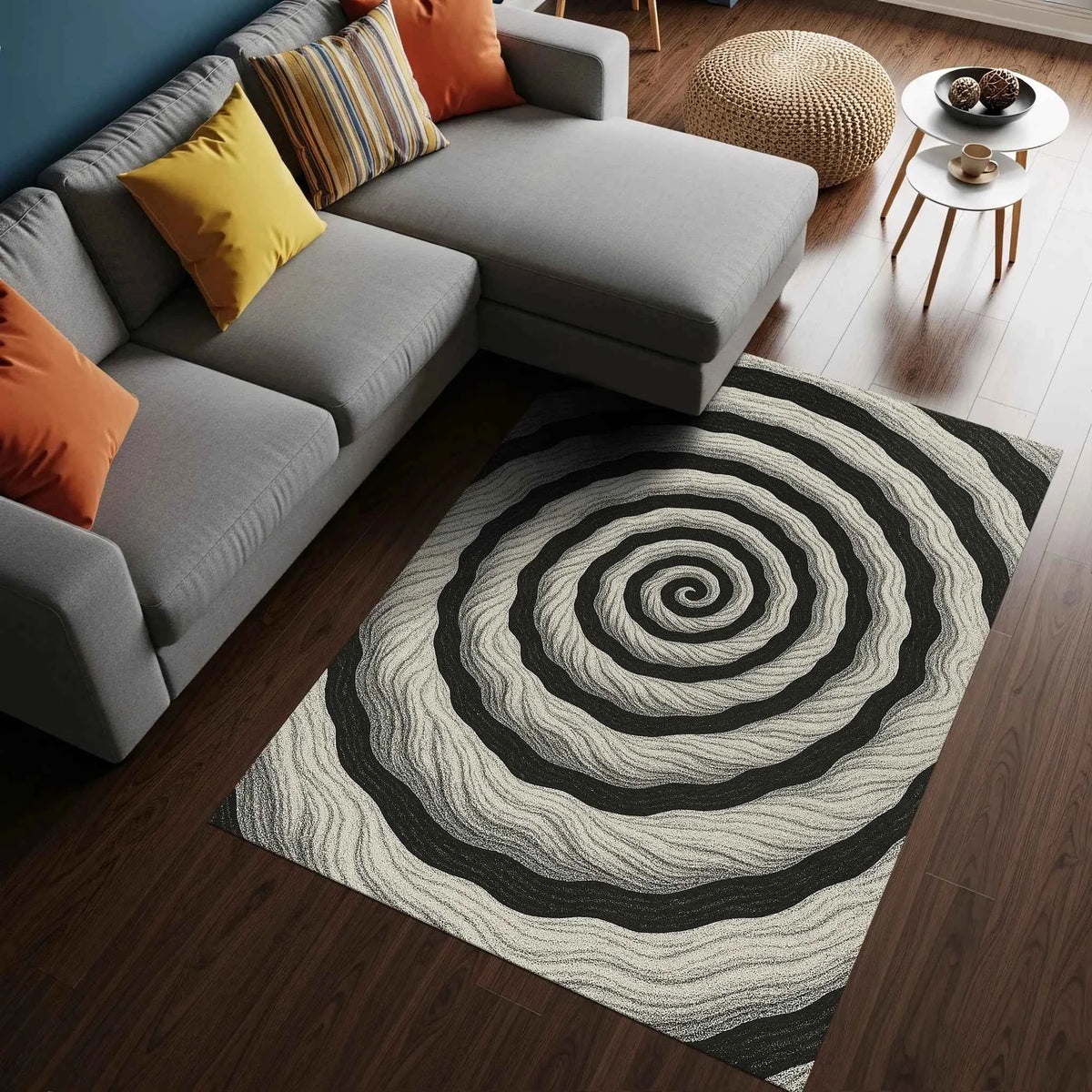Siyah Beyaz Hipnotik Spiral Desenli Modern Salon Halısı