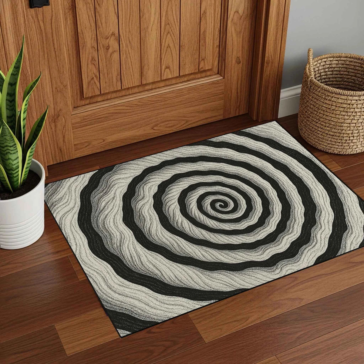 Siyah Beyaz Hipnotik Spiral Desenli Modern Salon Halısı