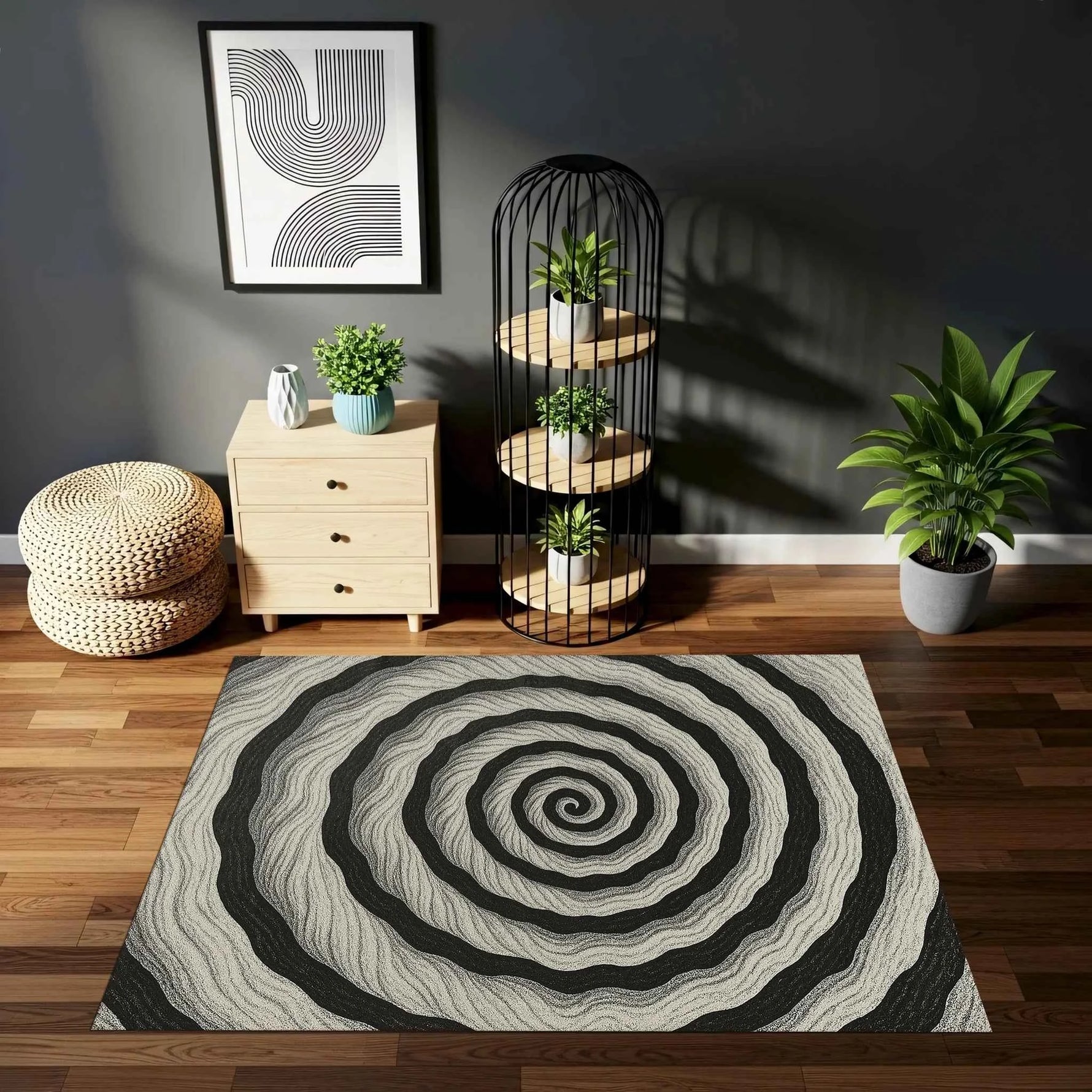 Siyah Beyaz Hipnotik Spiral Desenli Modern Salon Halısı