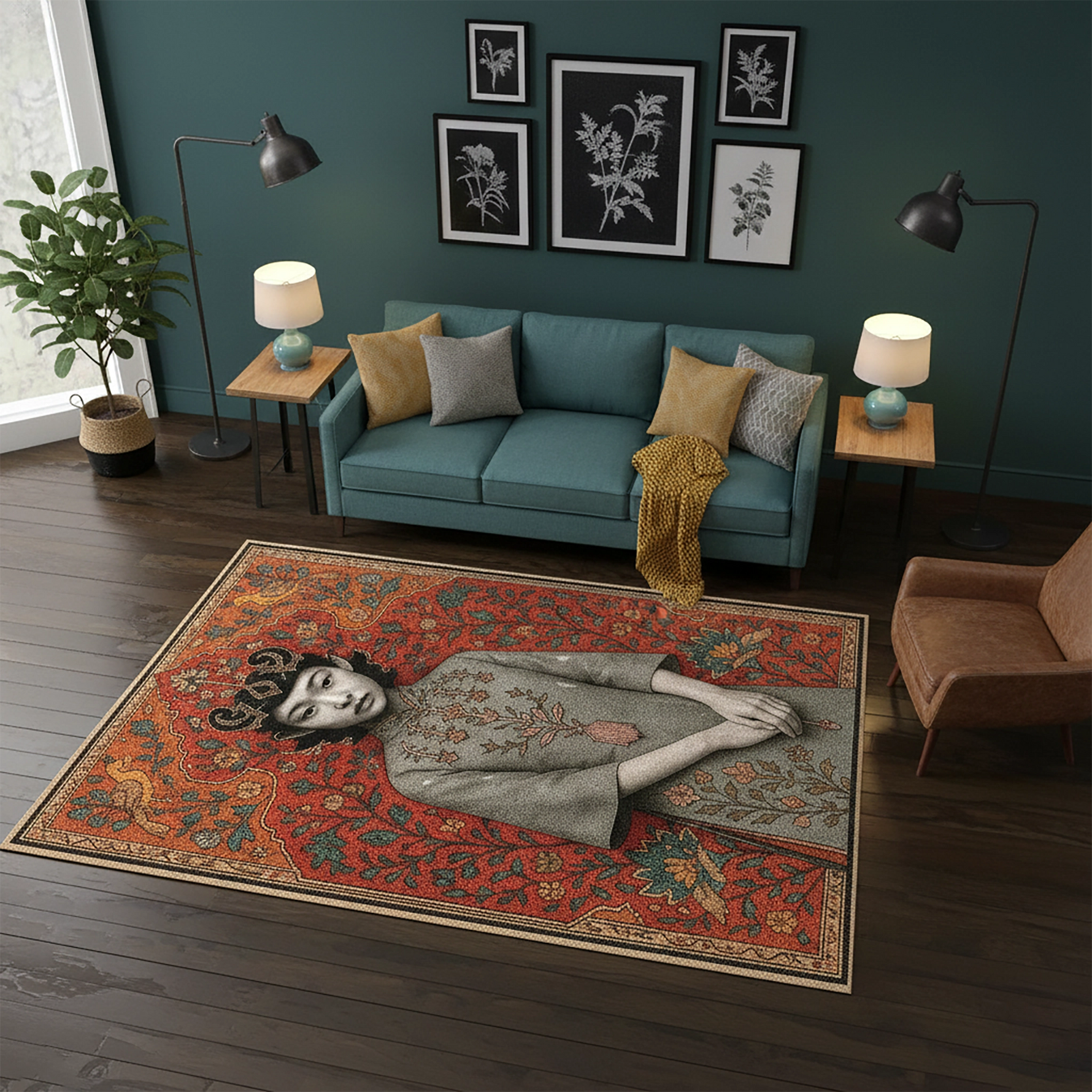 Kırmızı ve turuncu tonlarda bitkisel desenlerle çevrili, ortasında gri tonlarda stilize kadın portresi bulunan sanatsal halı; simetrik bordür yapısı, ince floral detaylar, vintage illüstrasyon estetiği ve yüksek kontrastlı renk kompozisyonu.
