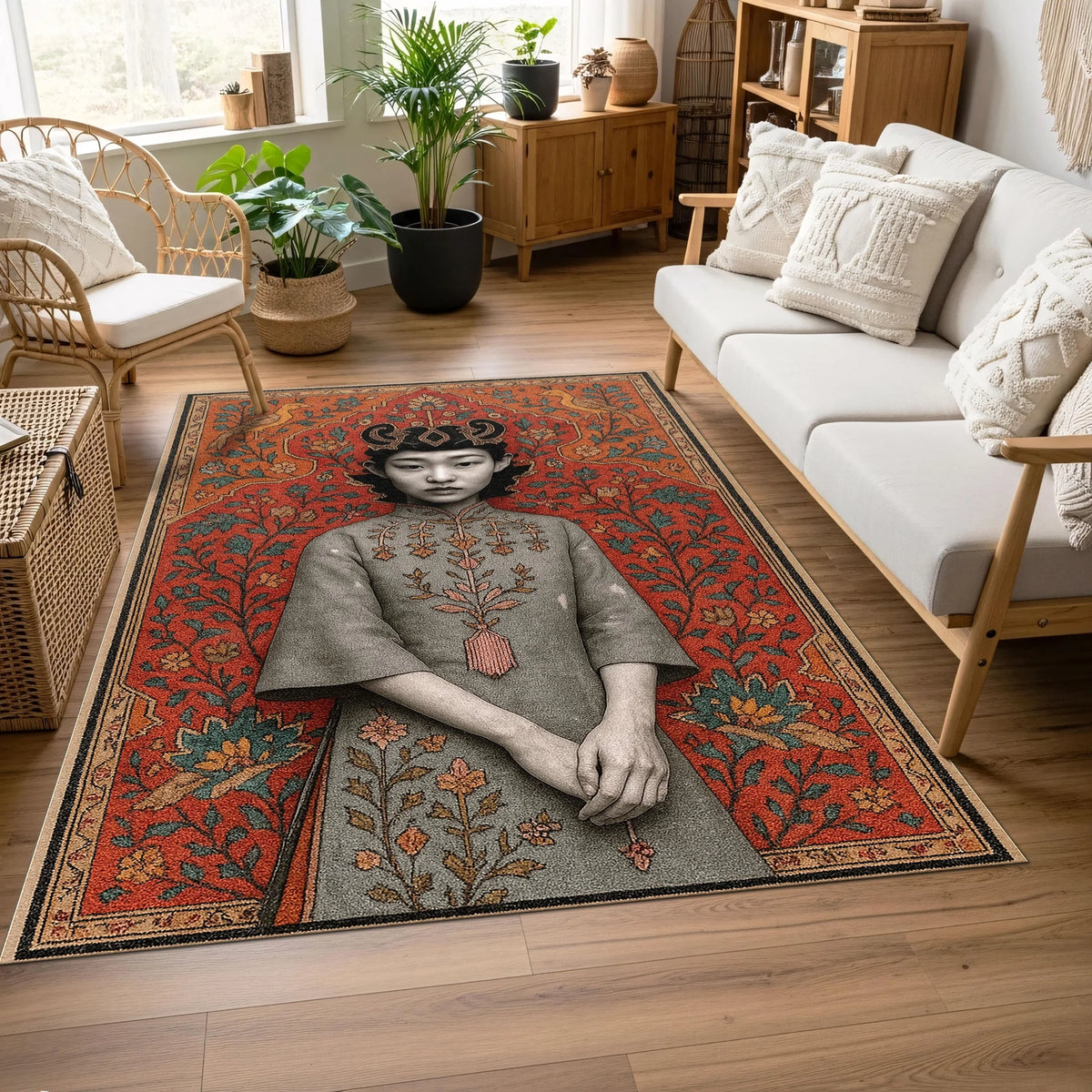 Merkezinde klasik portre tarzında kadın figürü yer alan, etrafı yoğun yaprak ve çiçek motifleriyle çerçevelenmiş dekoratif halı; kırmızı, yeşil ve gri renk dengesi, detaylı desen işçiliği ve sanatsal dokuma görünümü.
