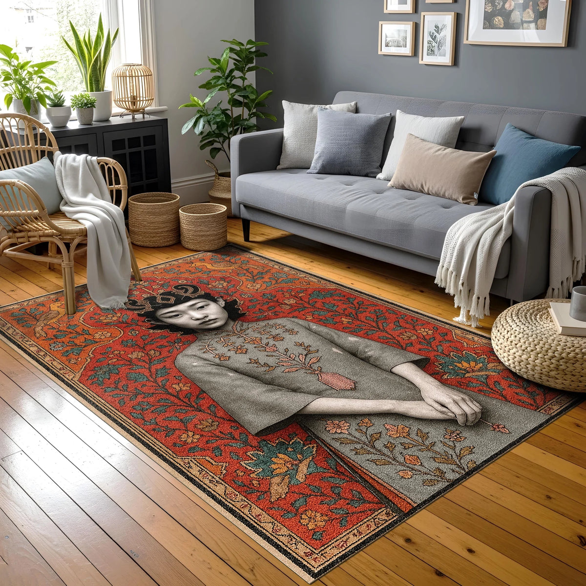 Ortada portre formunda kadın figürü, etrafında kıvrımlı yapraklar ve çiçek desenleriyle bezenmiş, kırmızı ağırlıklı renk paletine sahip sanatsal tasarım halı; detaylı kontur çizgileri ve dengeli simetrik yüzey düzeni.
