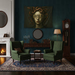 Medusa temalı kadın portresi ve yılan saç detaylarıyla tasarlanan FabricUp duvar örtüsü, karanlık arka plan ve “OVER IT” yazılı bant efektiyle güçlü bir sanatsal ifade sunar. Yüksek çözünürlüklü dijital baskı sayesinde çizgiler net, tonlar derin ve etkileyici görünür.