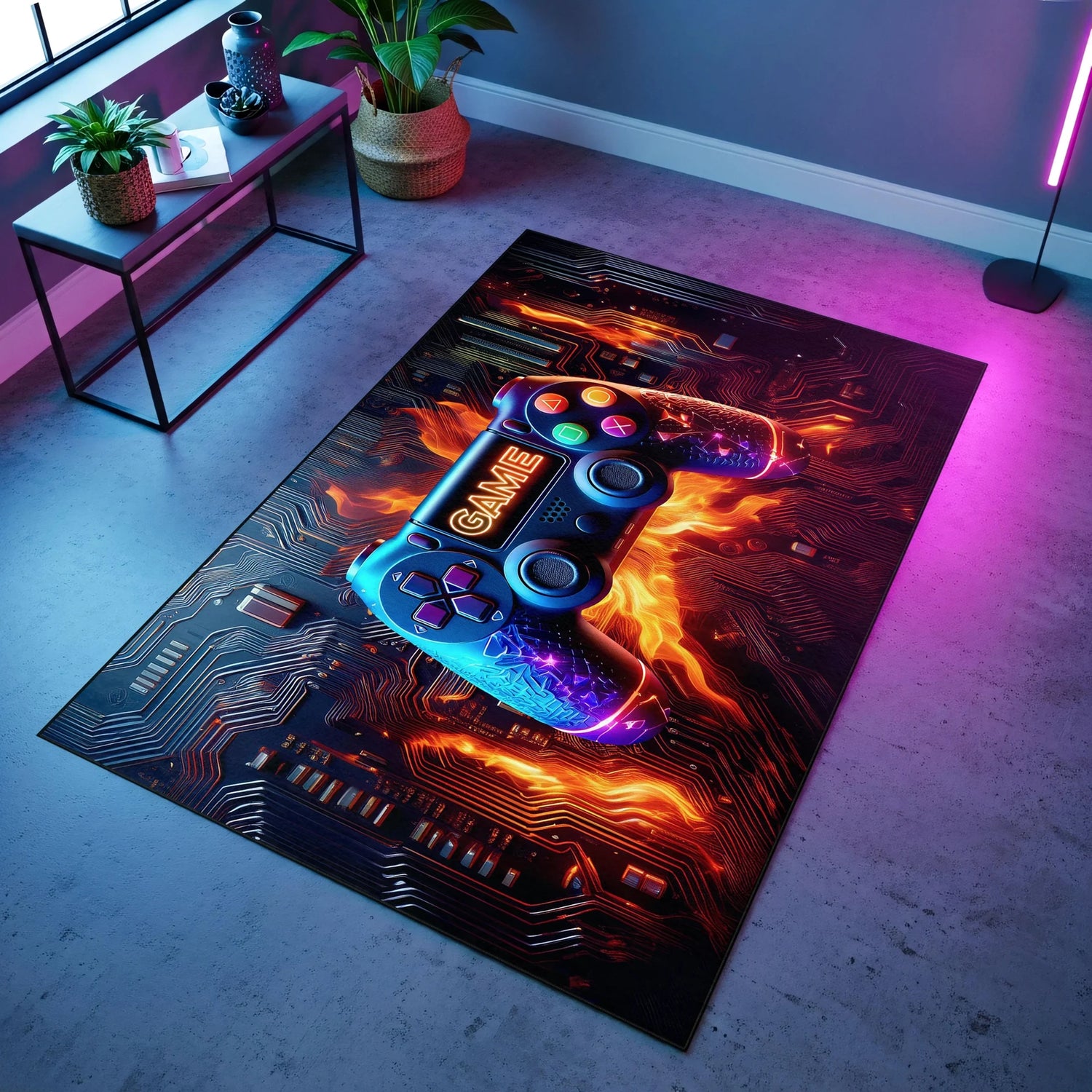 Ortada parlak renk geçişleriyle modellenmiş modern oyun kolu figürü, arka planda elektronik devre dokusu ve akışkan ışık çizgileriyle oluşturulmuş teknolojik halı; e-spor estetiği, neon renk paleti ve dinamik simetrik yüzey deseni.
