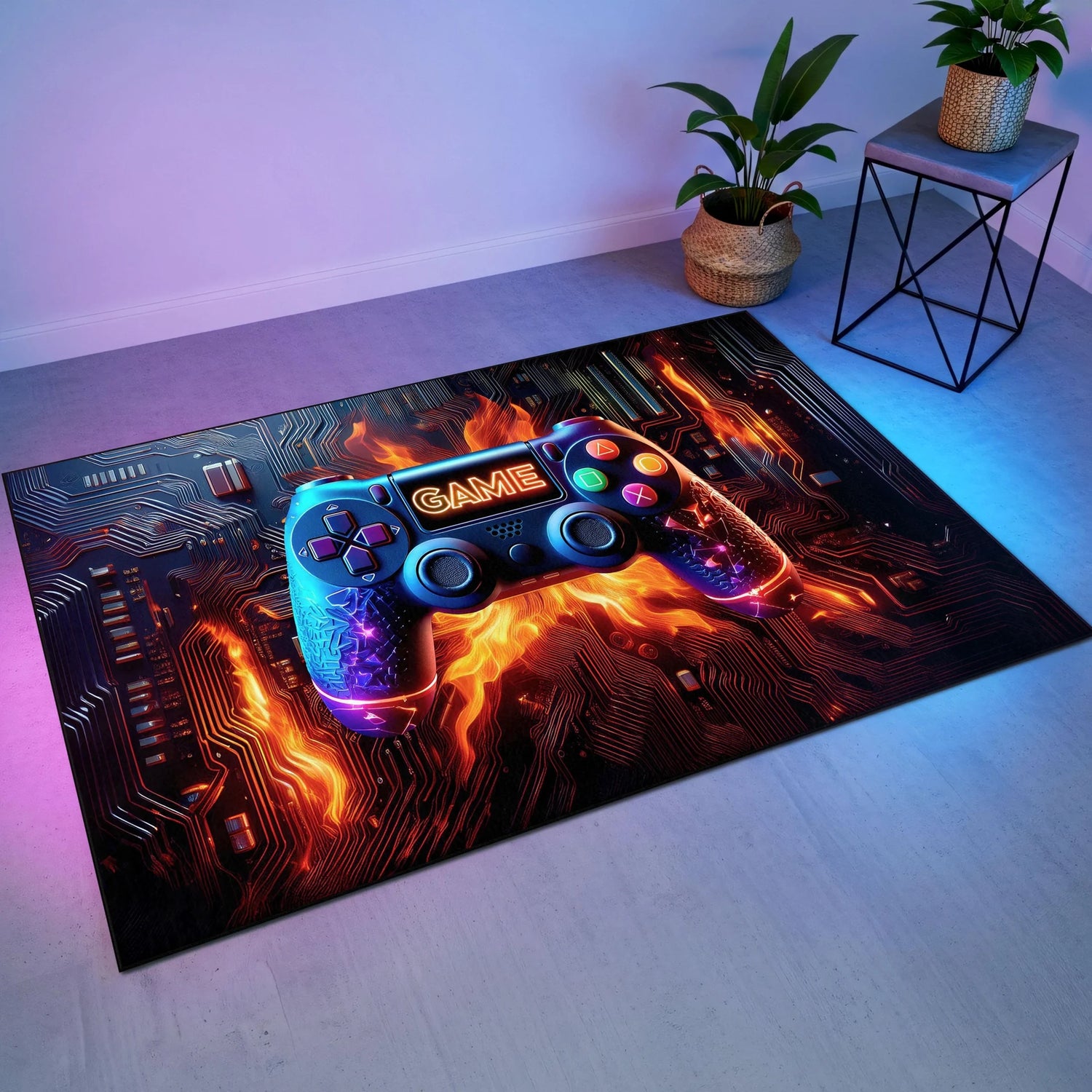 Siyah zemin üzerinde merkezde neon ışıklarla vurgulanmış oyun kumandası, çevresinde devre yollarını andıran mor, mavi ve turuncu hatlar bulunan futuristik halı tasarımı; cyberpunk stil, yüksek kontrastlı dijital desen yapısı ve gamer temalı grafik kompozisyon.
