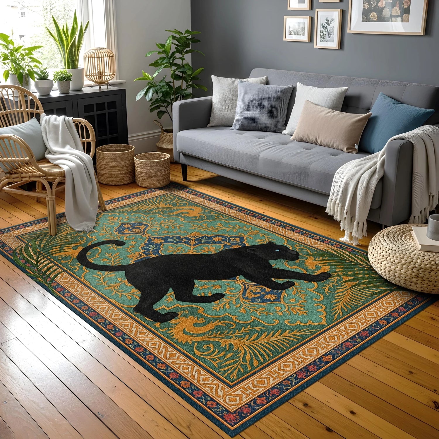 Turkuaz zemin üzerine altın detaylı geometrik ve floral bordürlerle çevrili, merkezinde siyah panter figürü bulunan dijital baskı halı, doğa ve asalet temasını klasik halı estetiğiyle birleştirir. Dijital baskı teknolojisi sayesinde kontur çizgileri keskin, renk geçişleri pürüzsüz ve yüzey dokusu net şekilde algılanır. Salon, giriş alanı, ofis ve konsept mekanlarda güçlü bir zemin vurgusu sunan bu tasarım, FabricUp imzalı özel bir halıdır.
