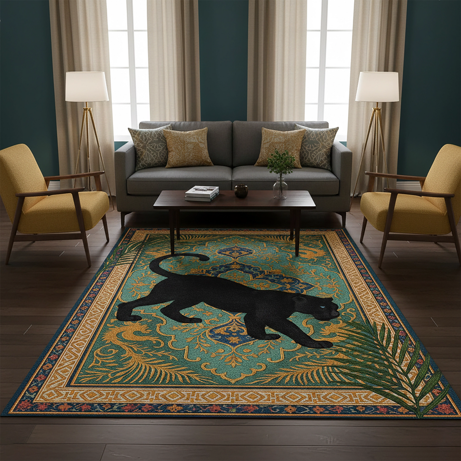 Siyah panter silüetinin ön planda olduğu, turkuaz ve altın tonlu oryantal desen çerçevesiyle tasarlanmış dijital baskı halı, güçlü kontrastı ve simetrik düzeniyle sanatsal bir etki yaratır. Yüksek çözünürlüklü baskı sayesinde silüet detayları, yaprak motifleri ve bordür çizgileri son derece net ve canlı görünür. Salon, ofis, butik ve özel konseptli mekanlarda estetik ve karakterli bir zemin oluşturmak isteyenler için FabricUp koleksiyonuna ait özgün bir tasarımdır.
