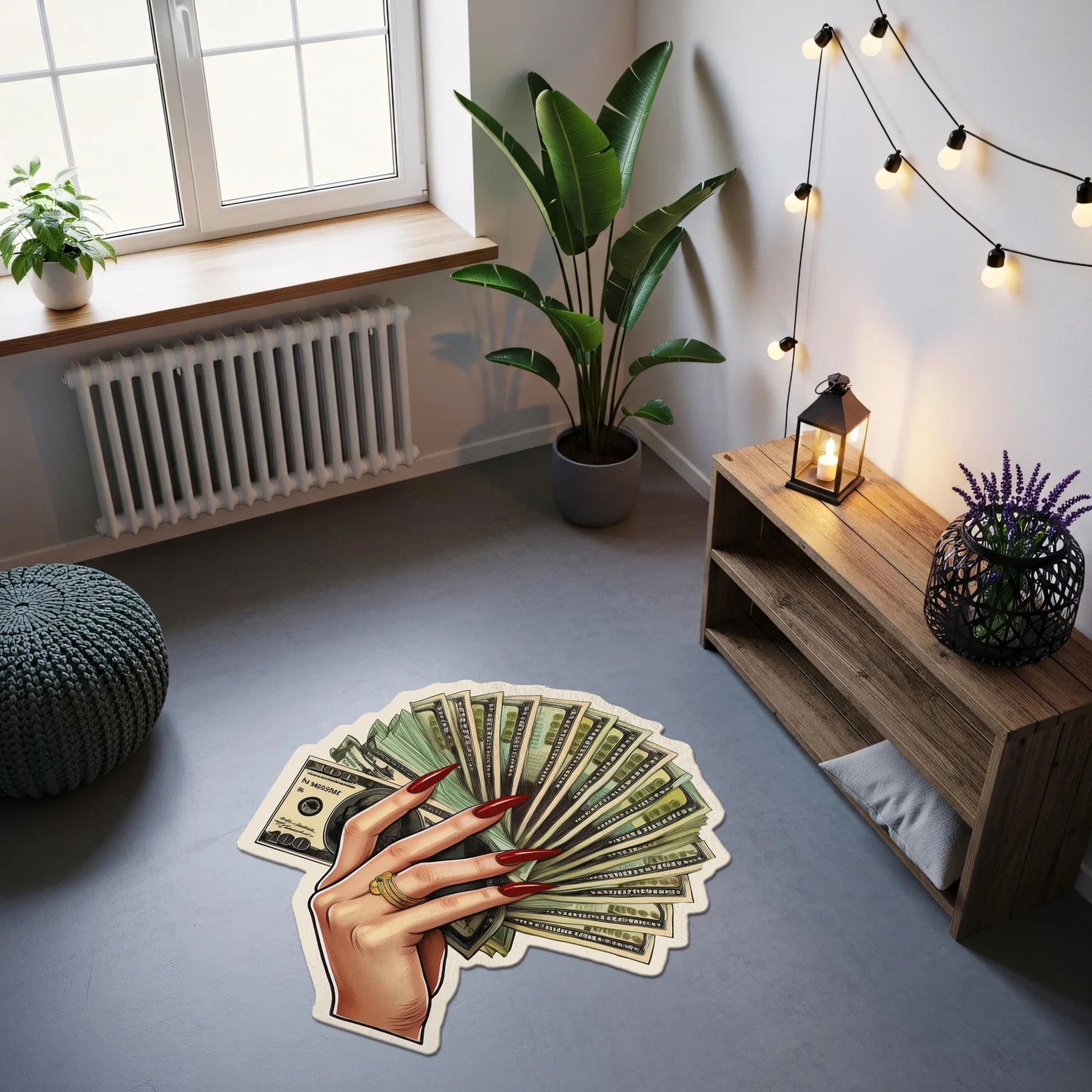 Elde tutulan yelpaze şeklinde dizilmiş dolar banknotları ve uzun kırmızı tırnaklı kadın eli illüstrasyonu ile tasarlanmış bu halı, para teması, pop art stil, lüks sembolizm, modern grafik sanat ve finans ikonografisi odaklı güçlü bir kompozisyon sunar.
