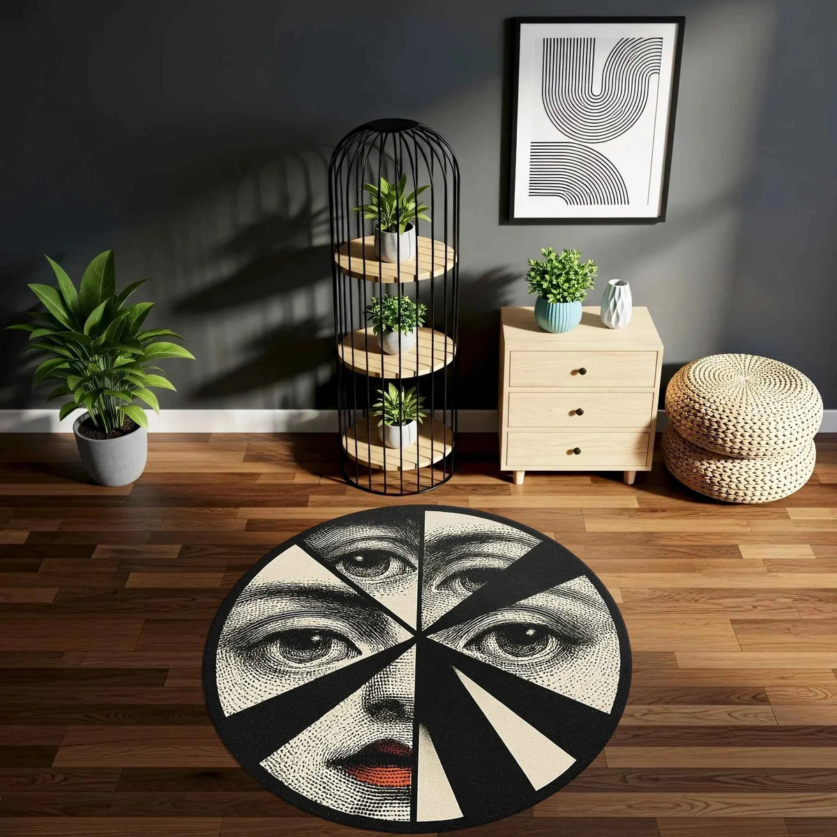 Geometrik Dilimli Göz ve Dudak Figürlü Yuvarlak Sanatsal Halı