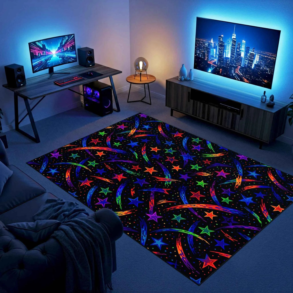 Neon Yıldız Yağmuru Desenli Siyah Modern Salon ve Genç Odası Halısı