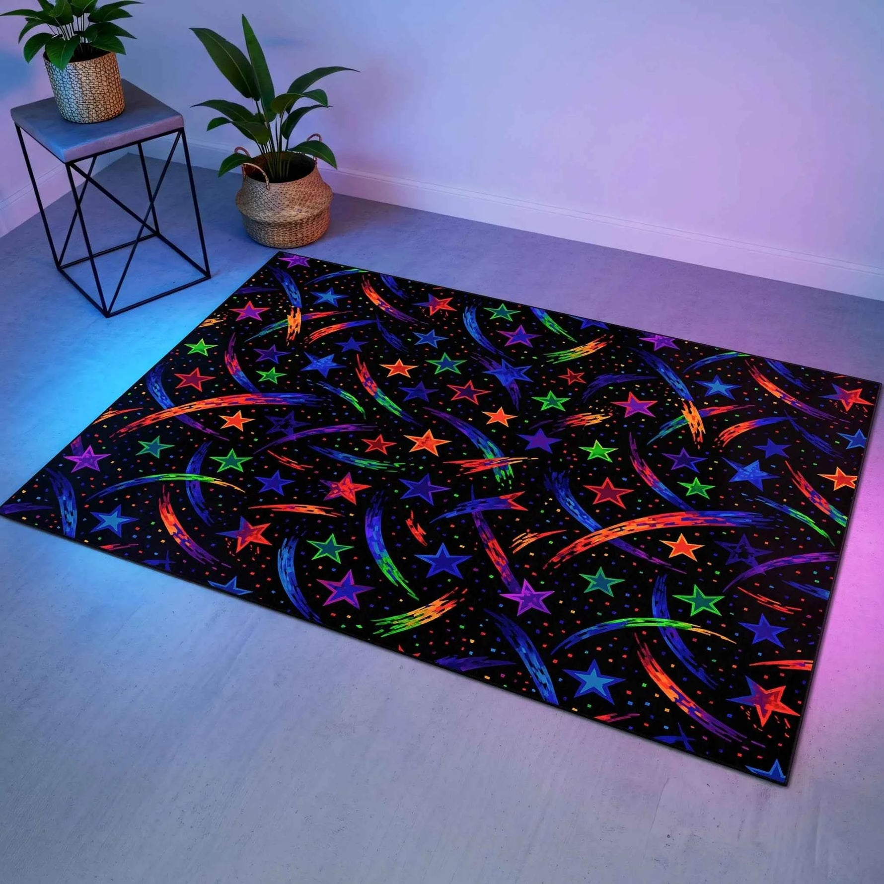 Neon Yıldız Yağmuru Desenli Siyah Modern Salon ve Genç Odası Halısı