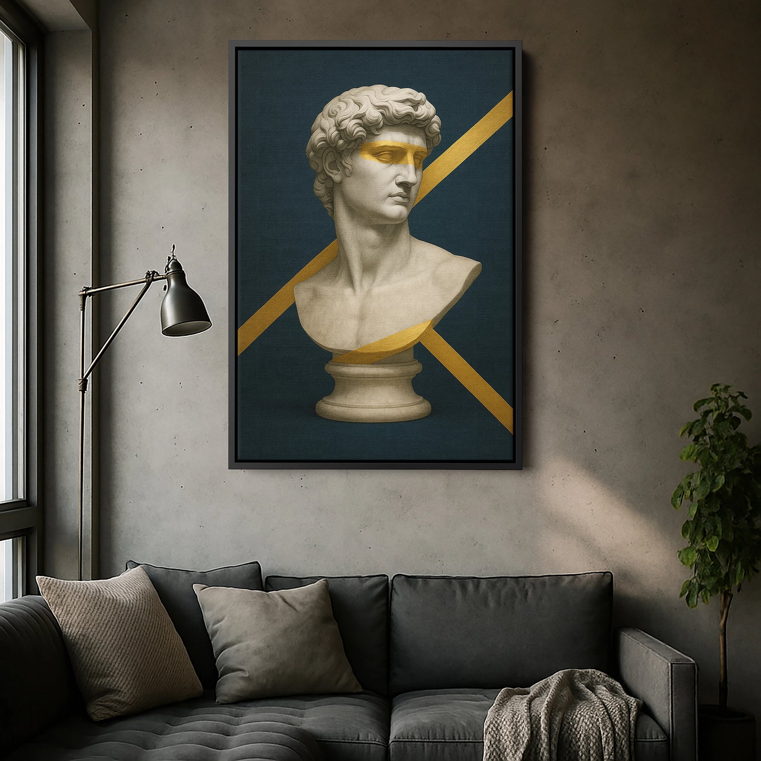 Siyah çerçeveli klasik heykel büstü kanvas tablo, koyu çerçeve ve altın çizgi detaylarıyla dramatik ve lüks bir görünüm sağlar. Yüksek çözünürlüklü baskı sayesinde mermer dokular netleşir, modern ofis ve salon dekorasyonu için sofistike bir FabricUp tasarımıdır.