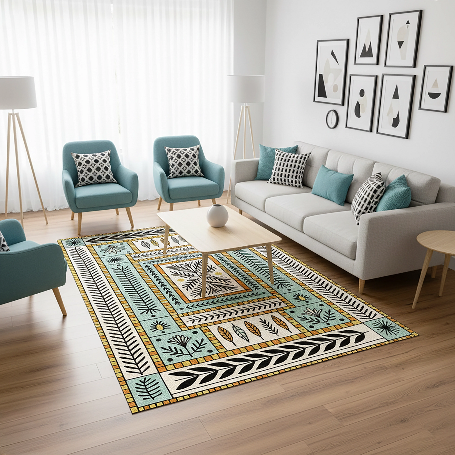 Pastel Tonlarda Geometrik Yaprak Desenli Modern Halı | İskandinav Tarzı Dekoratif Salon Halısı