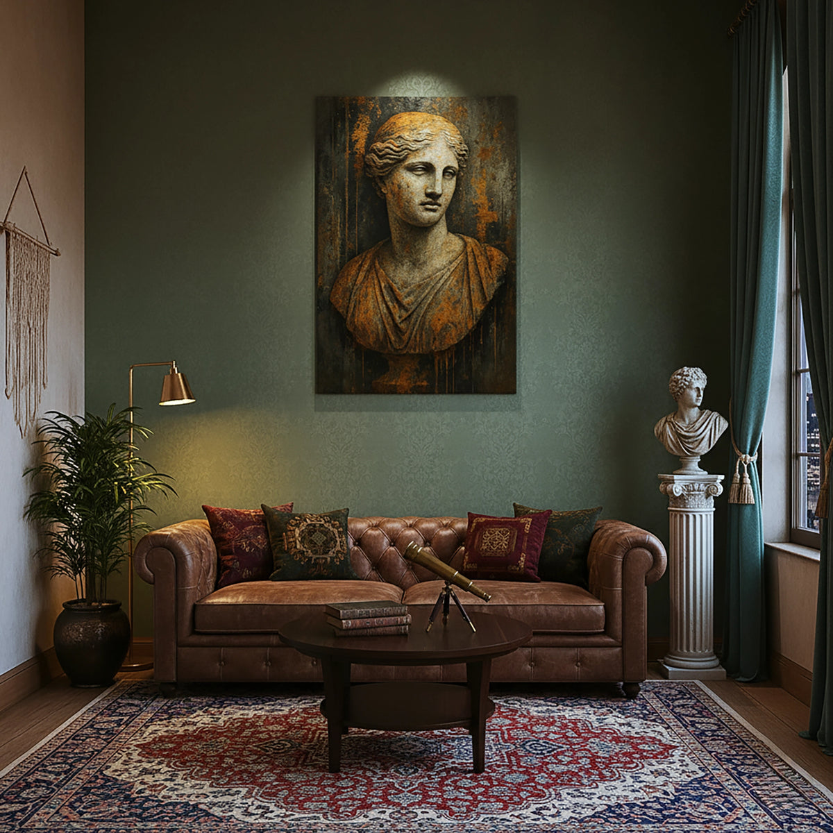 Çerçevesiz kanvas tablo, antik Yunan heykel büstü ve eskitme taş dokulu arka planıyla klasik sanat estetiği sunan dekoratif duvar dekoru tasarımıdır. Yüksek çözünürlüklü baskı kalitesi sağlayan FabricUp dijital baskı, premium ve zamansız modern dekorasyon için idealdir.