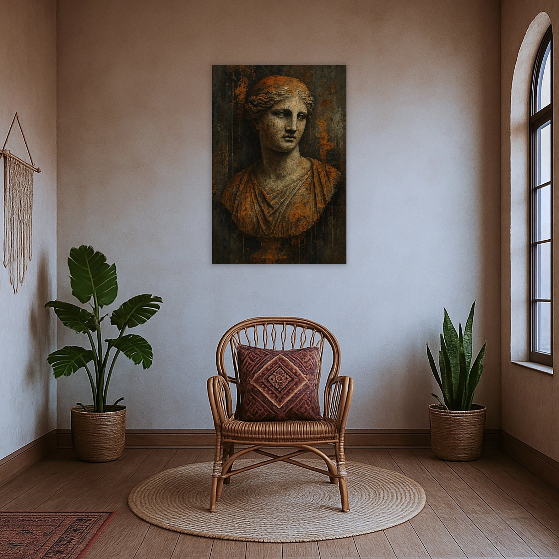 Çerçevesiz modern kanvas tablo, antik heykel illüstrasyonu ve eskitme metal görünümlü arka planıyla karakterli bir sanat eseri atmosferi oluşturur. FabricUp dijital baskı sayesinde yüksek çözünürlüklü, net ve dayanıklı yüzey sunarak uzun ömürlü duvar dekoru çözümü sağlar.